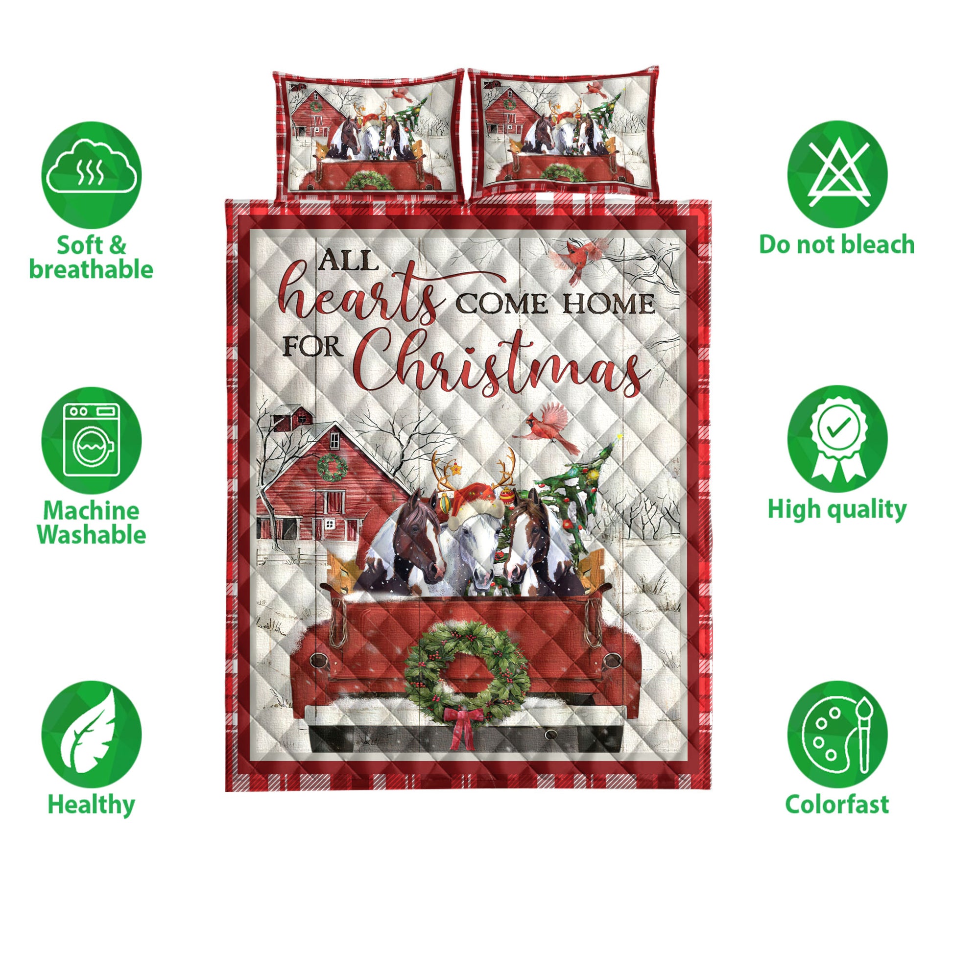 Ohaprints-Quilt-Bed-Set-Pillowcase-Horse-With-Truck-Christmas-Tree-Snowflake-Cozy-Farmhouse-Red-Plaid-Blanket-Bedspread-Bedding-3934-Double (70'' x 80'')