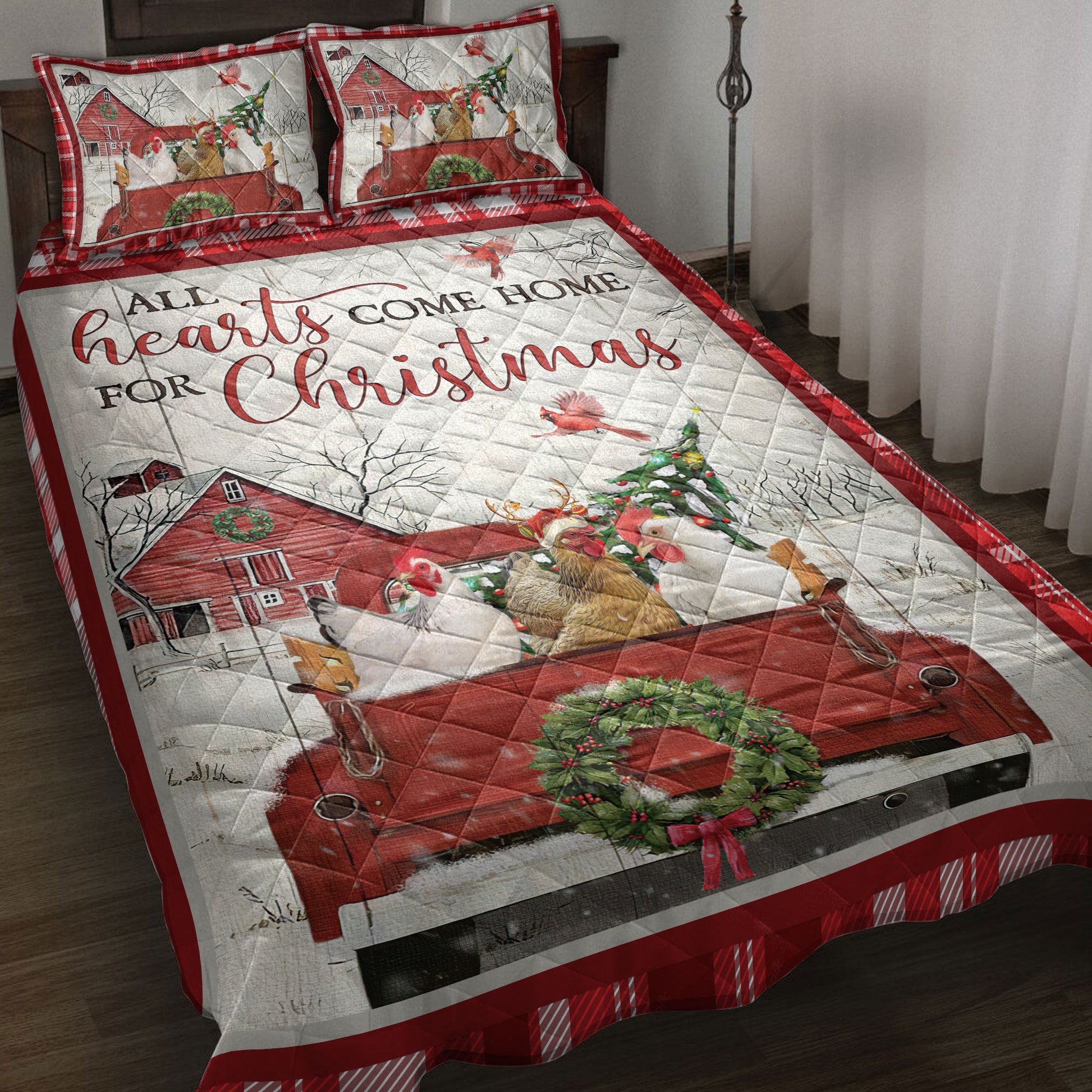 Ohaprints-Quilt-Bed-Set-Pillowcase-Chicken-With-Truck-Christmas-Tree-Snowflake-Cozy-Farmhouse-Red-Plaid-Blanket-Bedspread-Bedding-3935-Throw (55'' x 60'')