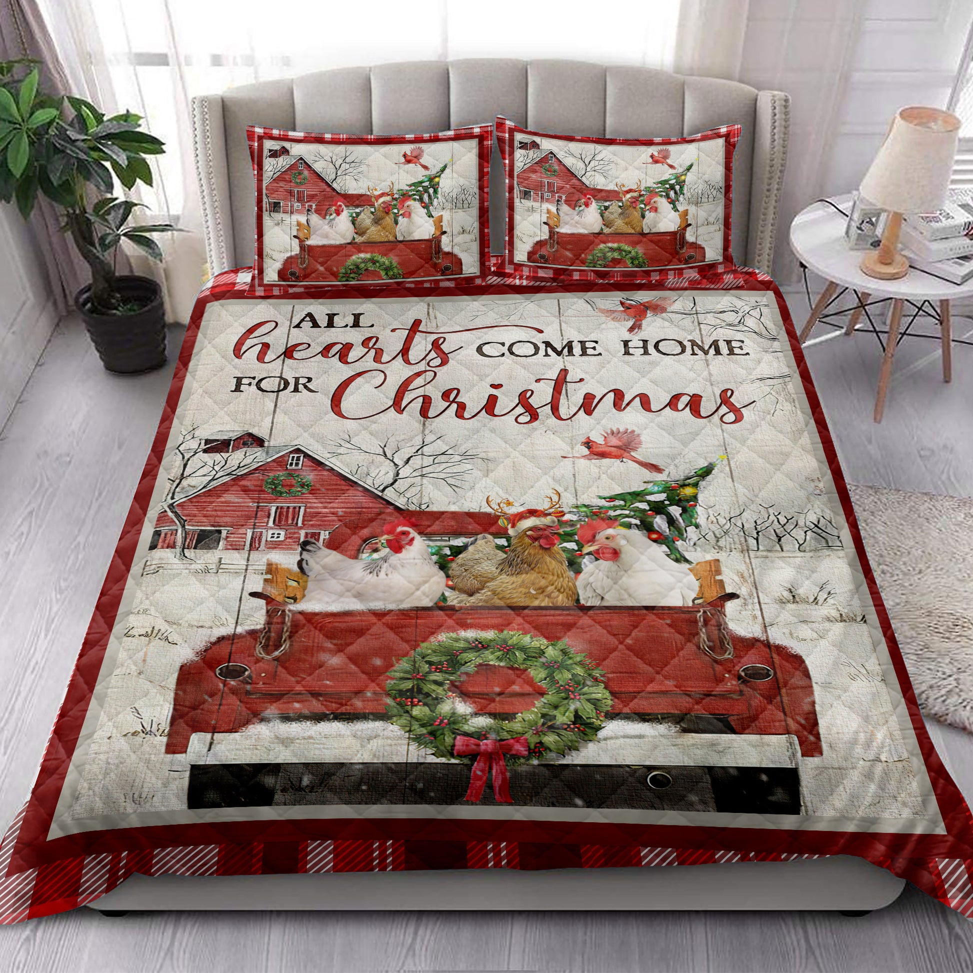 Ohaprints-Quilt-Bed-Set-Pillowcase-Chicken-With-Truck-Christmas-Tree-Snowflake-Cozy-Farmhouse-Red-Plaid-Blanket-Bedspread-Bedding-3935-King (90'' x 100'')