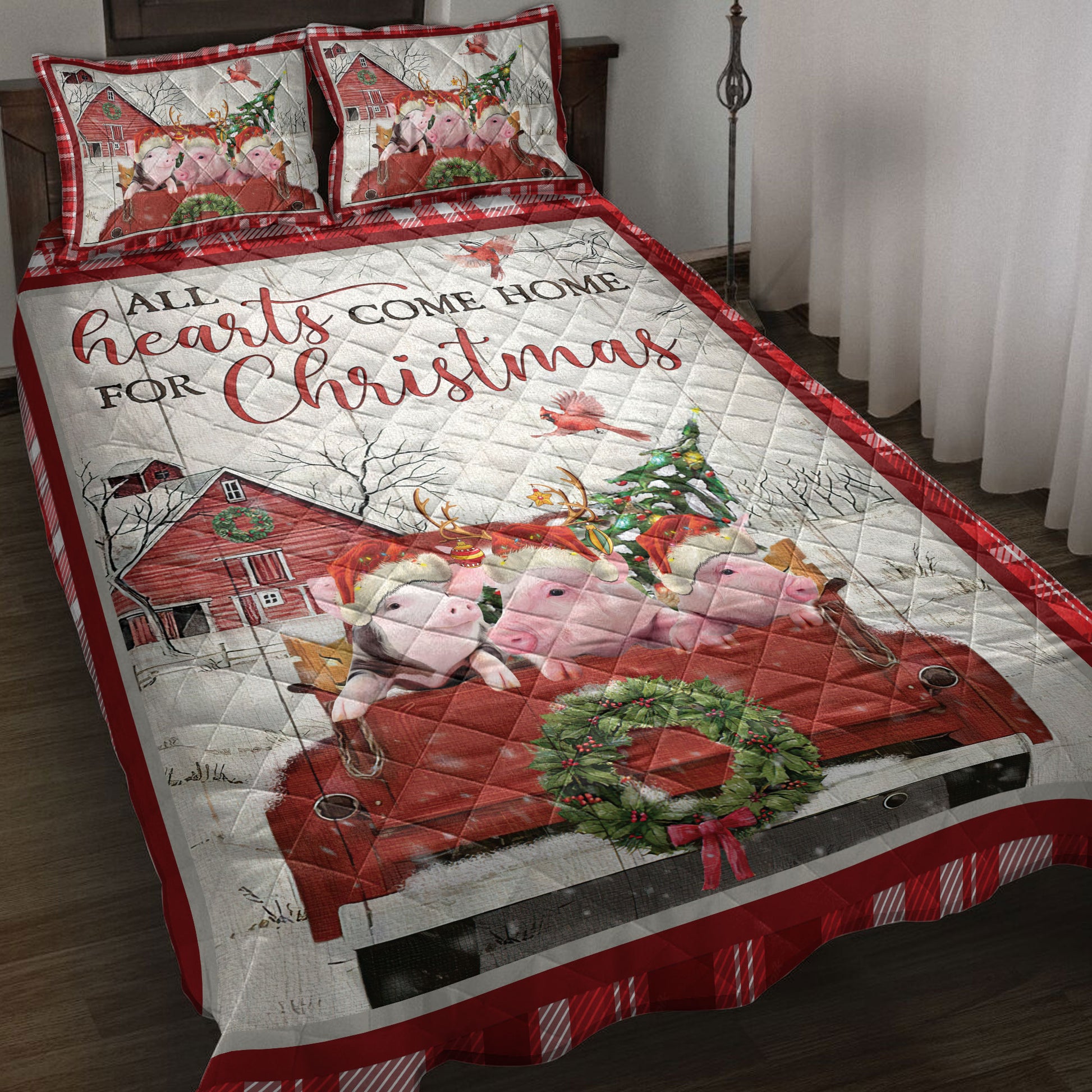 Ohaprints-Quilt-Bed-Set-Pillowcase-Pig-With-Truck-Christmas-Tree-Snowflake-Cozy-Farmhouse-Red-Plaid-Blanket-Bedspread-Bedding-3937-Throw (55'' x 60'')