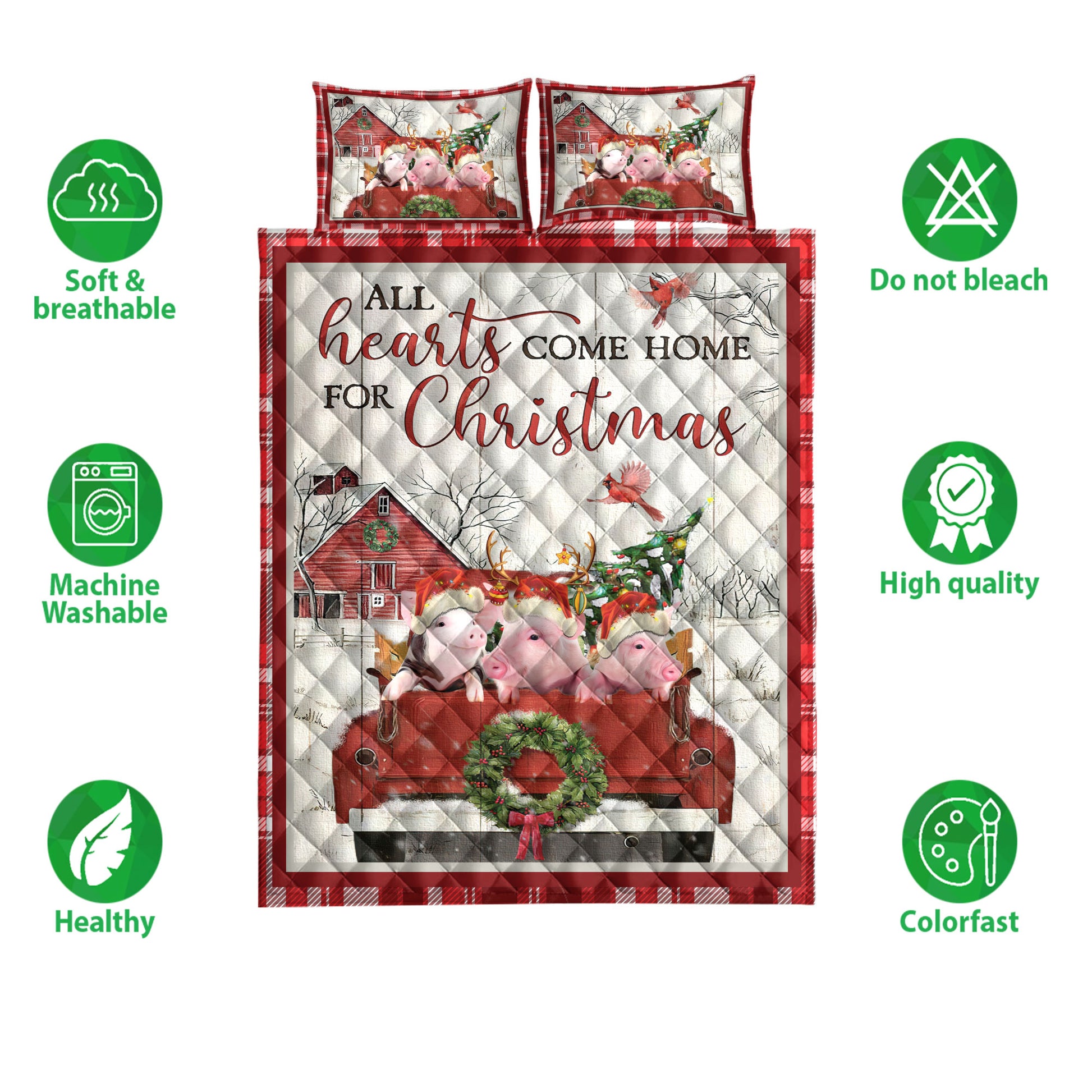 Ohaprints-Quilt-Bed-Set-Pillowcase-Pig-With-Truck-Christmas-Tree-Snowflake-Cozy-Farmhouse-Red-Plaid-Blanket-Bedspread-Bedding-3937-Double (70'' x 80'')