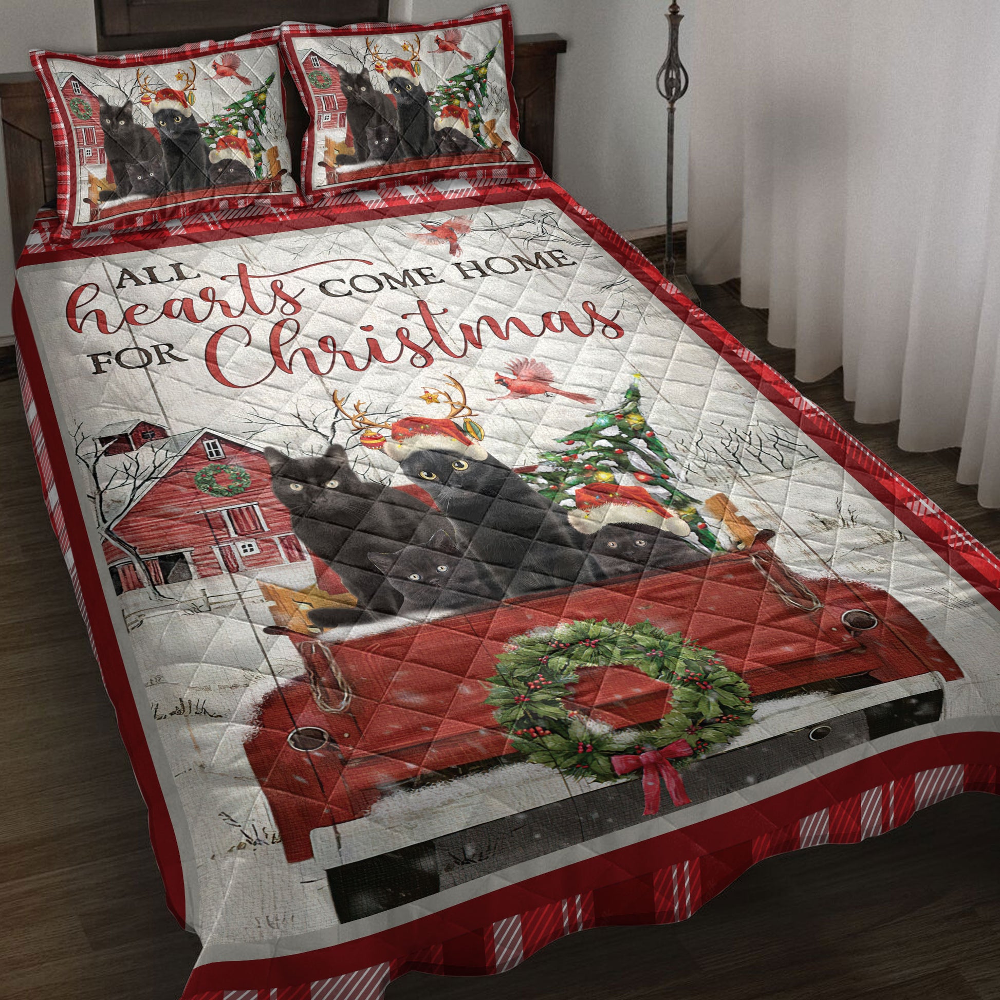 Ohaprints-Quilt-Bed-Set-Pillowcase-Black-Cat-With-Truck-Christmas-Tree-Snowflake-Farmhouse-Red-Plaid-Blanket-Bedspread-Bedding-3939-Throw (55'' x 60'')