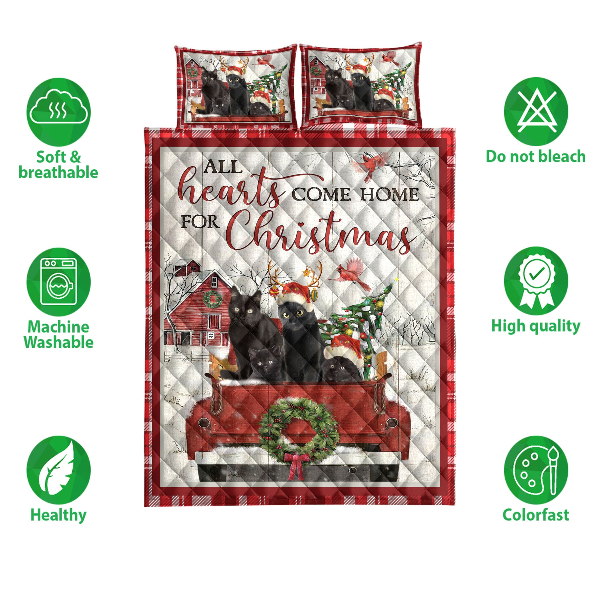 Ohaprints-Quilt-Bed-Set-Pillowcase-Black-Cat-With-Truck-Christmas-Tree-Snowflake-Farmhouse-Red-Plaid-Blanket-Bedspread-Bedding-3939-Double (70'' x 80'')