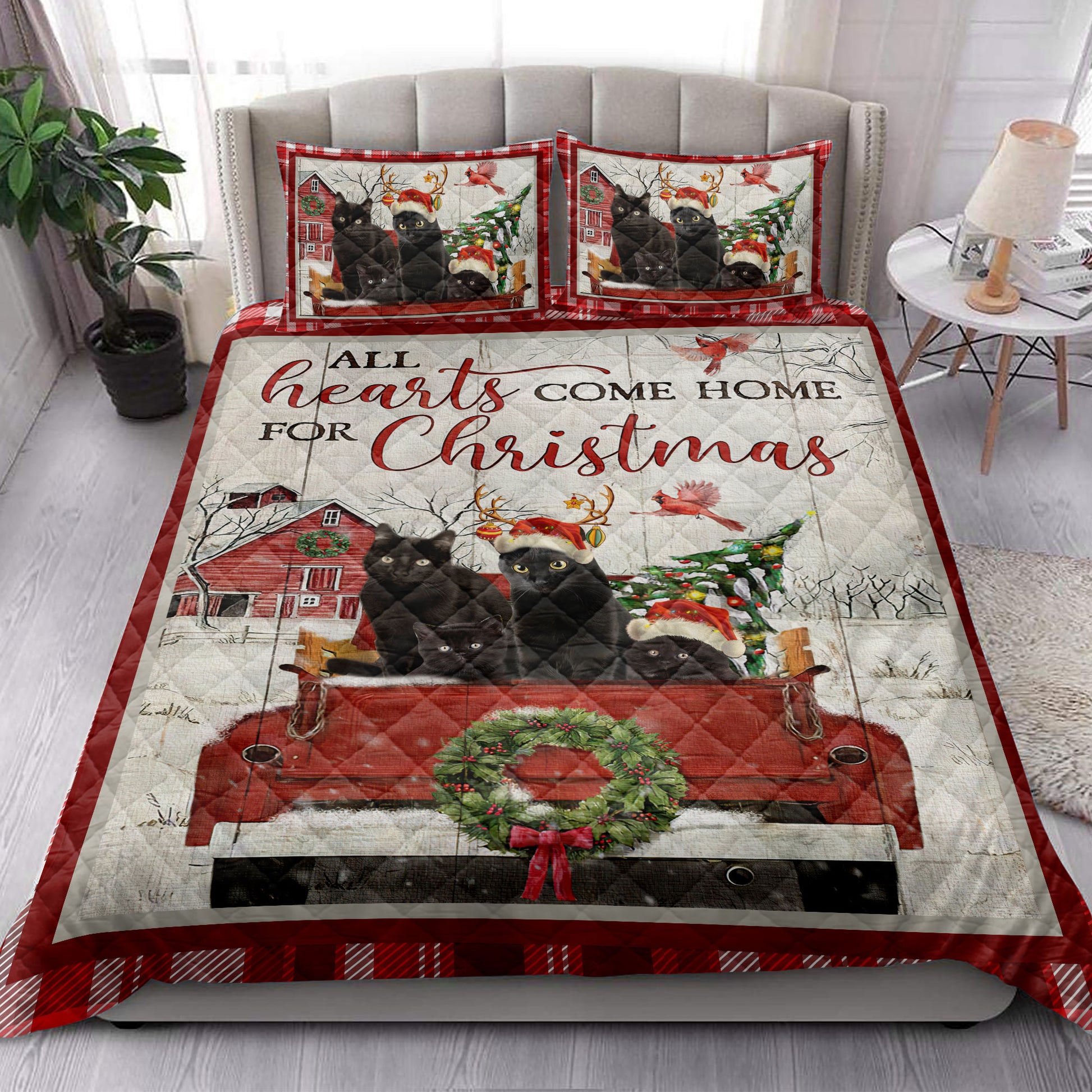 Ohaprints-Quilt-Bed-Set-Pillowcase-Black-Cat-With-Truck-Christmas-Tree-Snowflake-Farmhouse-Red-Plaid-Blanket-Bedspread-Bedding-3939-King (90'' x 100'')