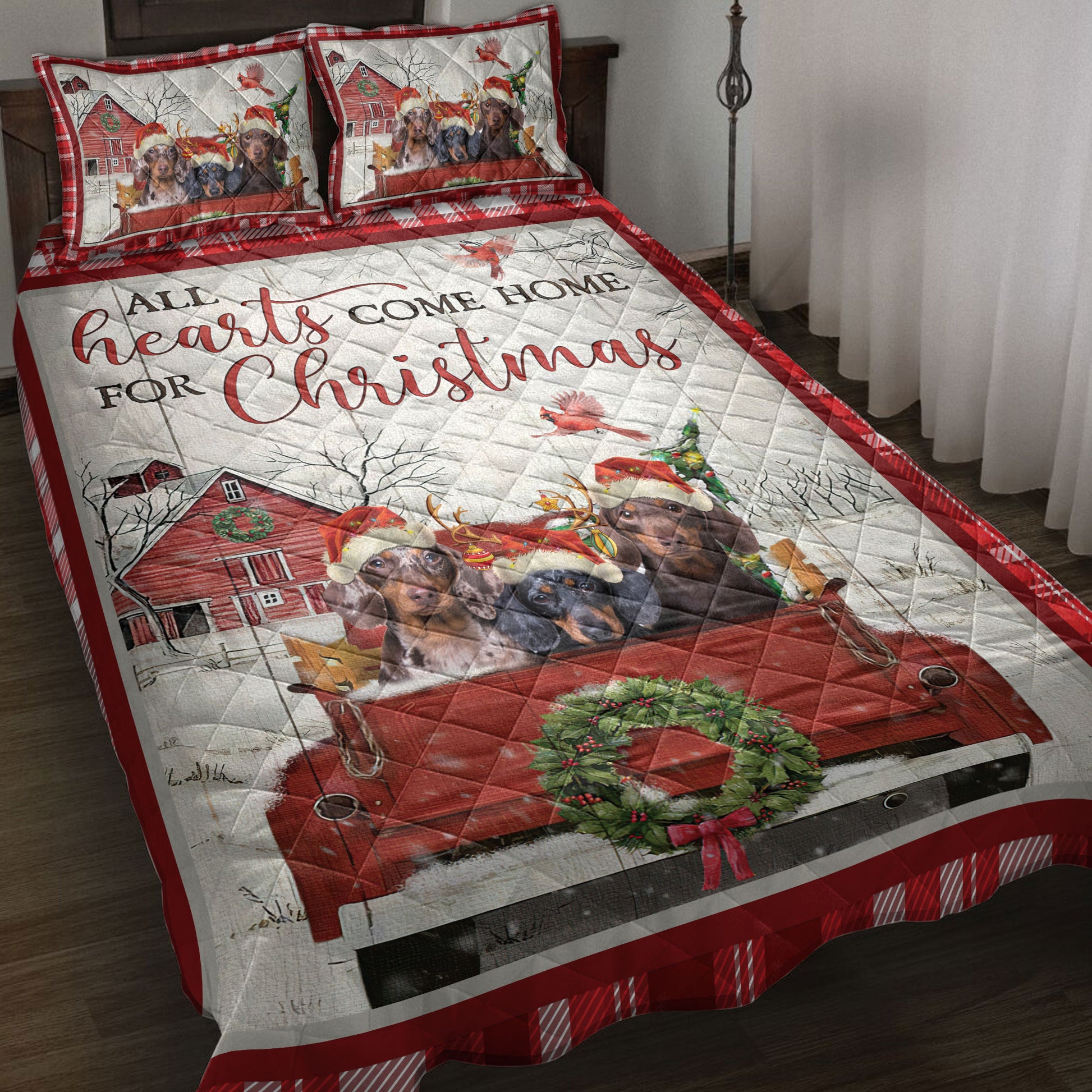 Ohaprints-Quilt-Bed-Set-Pillowcase-Dachshund-With-Truck-Christmas-Tree-Snowflake-Farmhouse-Red-Plaid-Blanket-Bedspread-Bedding-3940-Throw (55'' x 60'')