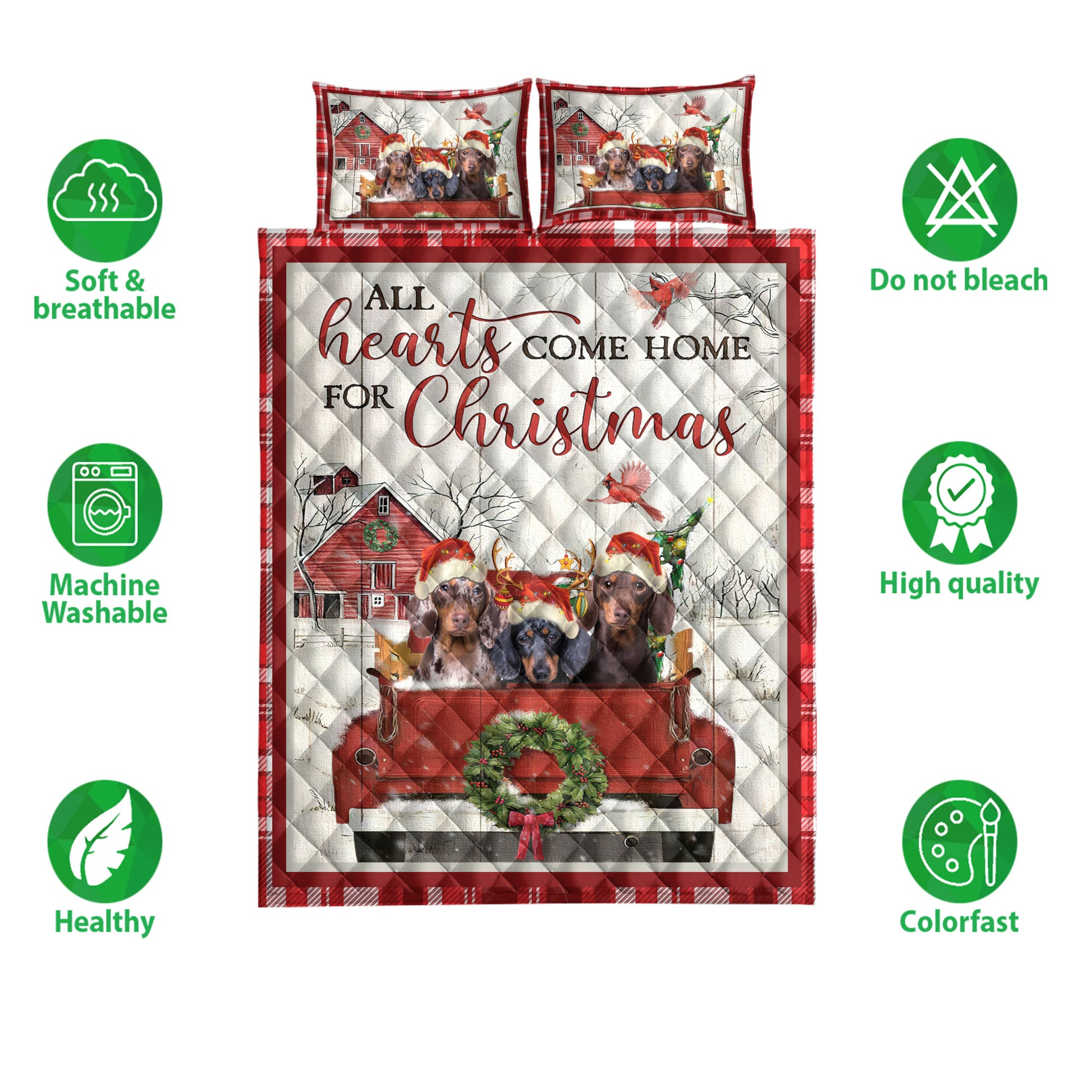 Ohaprints-Quilt-Bed-Set-Pillowcase-Dachshund-With-Truck-Christmas-Tree-Snowflake-Farmhouse-Red-Plaid-Blanket-Bedspread-Bedding-3940-Double (70'' x 80'')