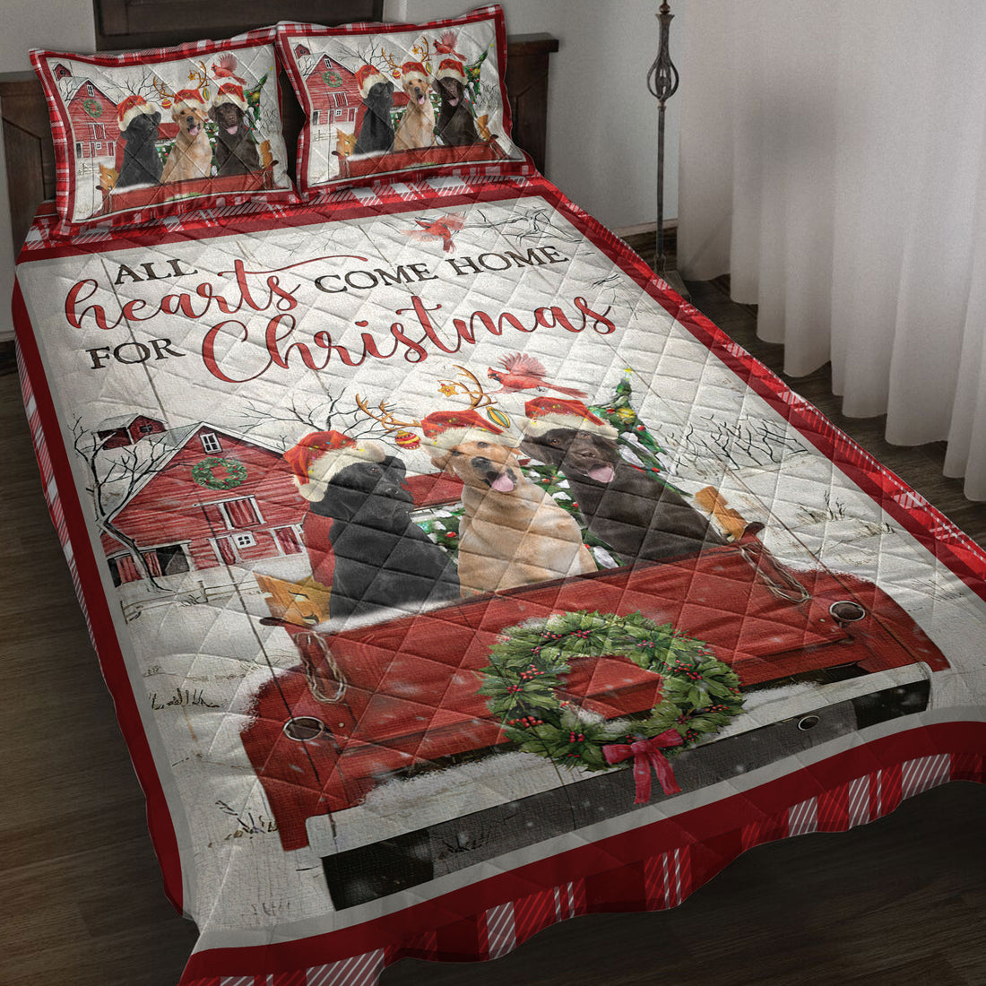 Ohaprints-Quilt-Bed-Set-Pillowcase-Labrador-With-Truck-Christmas-Tree-Snowflake-Cozy-Farmhouse-Blanket-Bedspread-Bedding-3941-Throw (55'' x 60'')