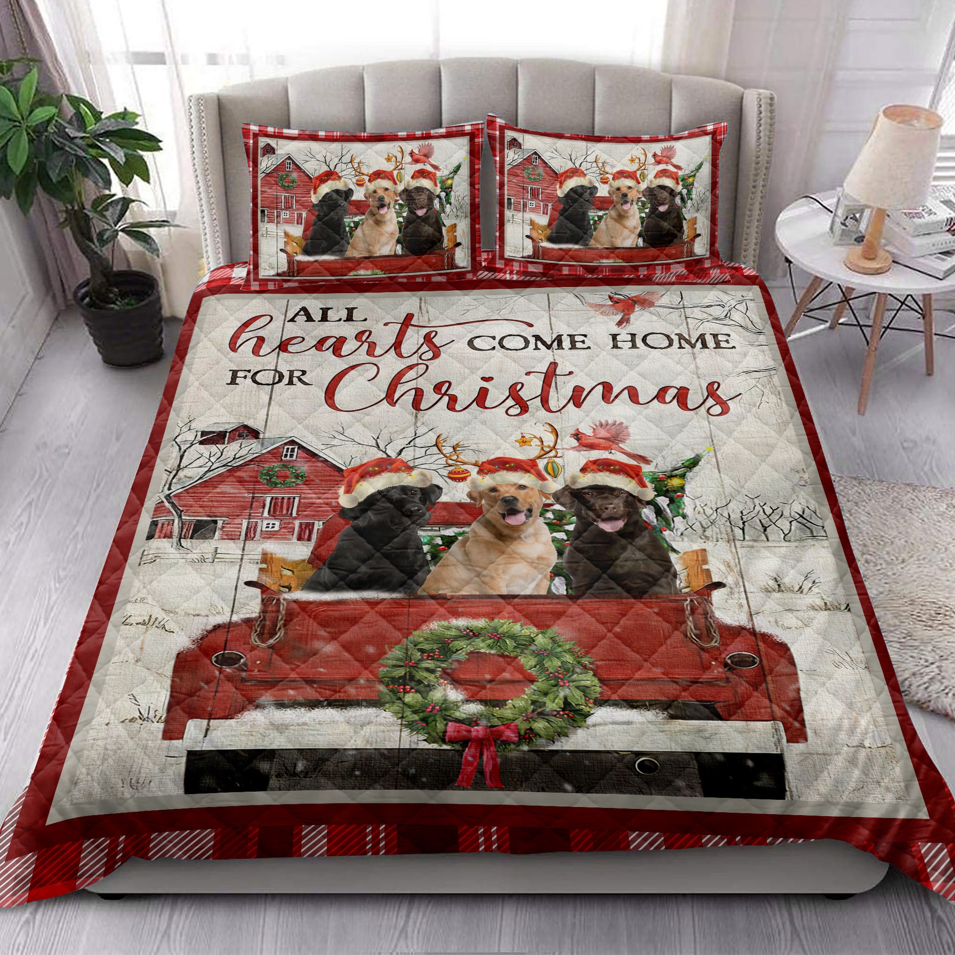 Ohaprints-Quilt-Bed-Set-Pillowcase-Labrador-With-Truck-Christmas-Tree-Snowflake-Cozy-Farmhouse-Blanket-Bedspread-Bedding-3941-King (90'' x 100'')