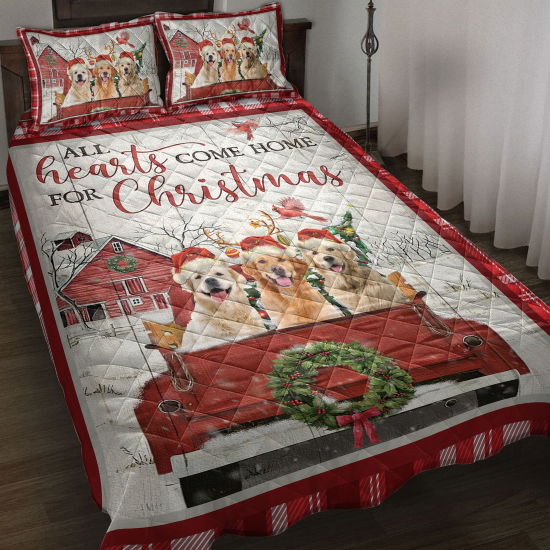 Ohaprints-Quilt-Bed-Set-Pillowcase-Golden-Retriever-With-Truck-Christmas-Tree-Snowflake-Cozy-Farmhouse-Blanket-Bedspread-Bedding-3942-Throw (55'' x 60'')