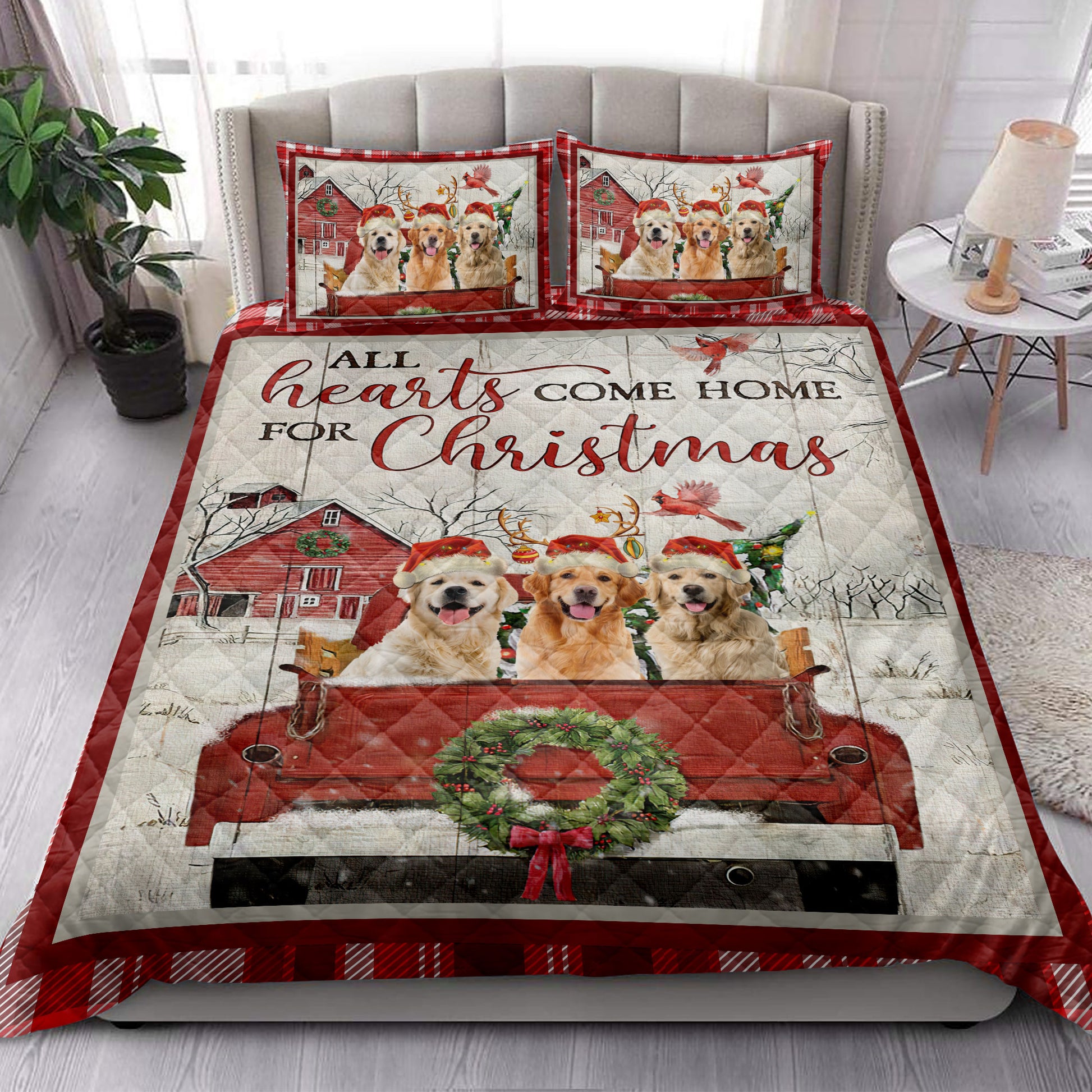 Ohaprints-Quilt-Bed-Set-Pillowcase-Golden-Retriever-With-Truck-Christmas-Tree-Snowflake-Cozy-Farmhouse-Blanket-Bedspread-Bedding-3942-King (90'' x 100'')