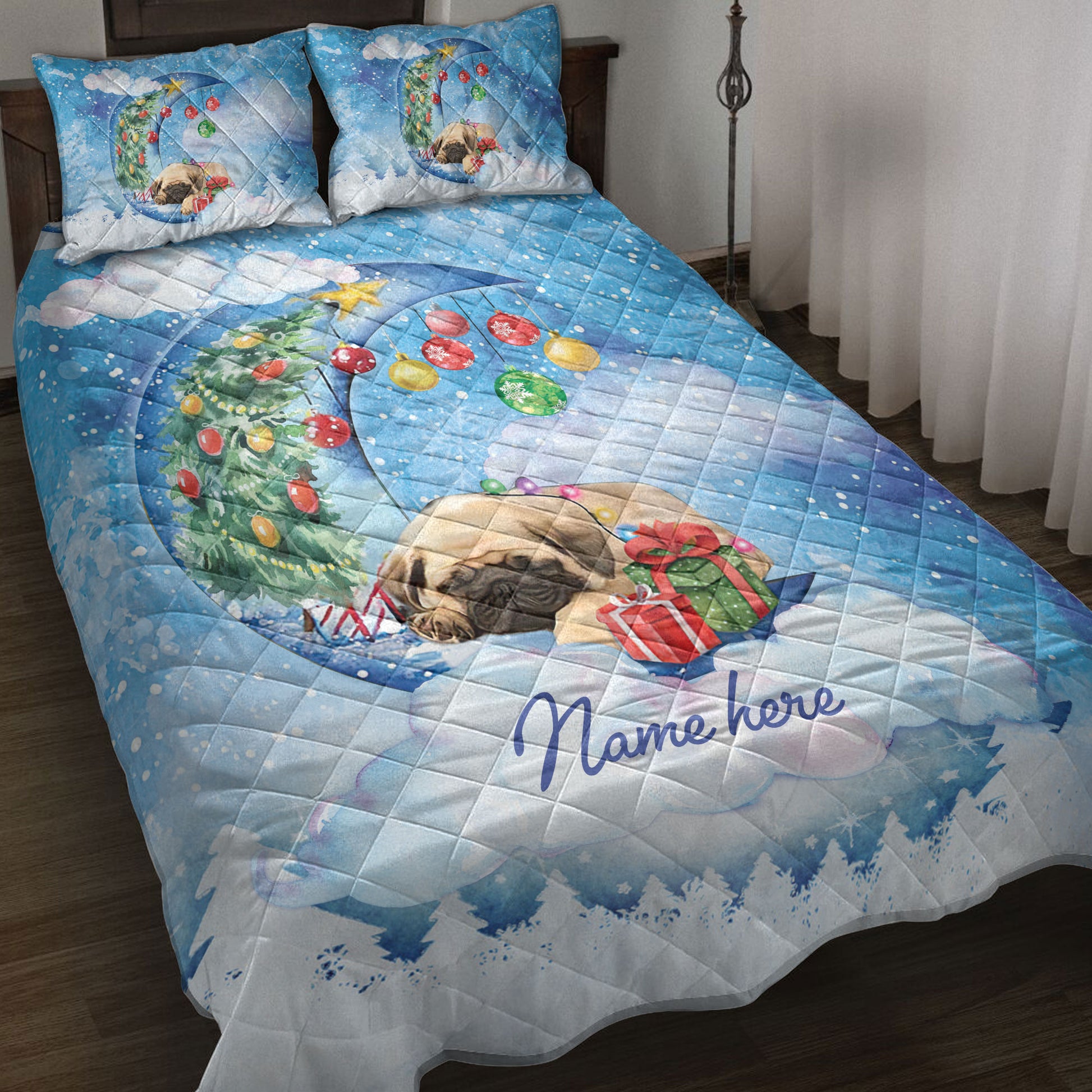 Ohaprints-Quilt-Bed-Set-Pillowcase-Pug-Sleeping-On-The-Moon-Snowflake-Christmas-Tree-Gift-Box-Dog-Lover-Blanket-Bedspread-Bedding-3943-Throw (55'' x 60'')