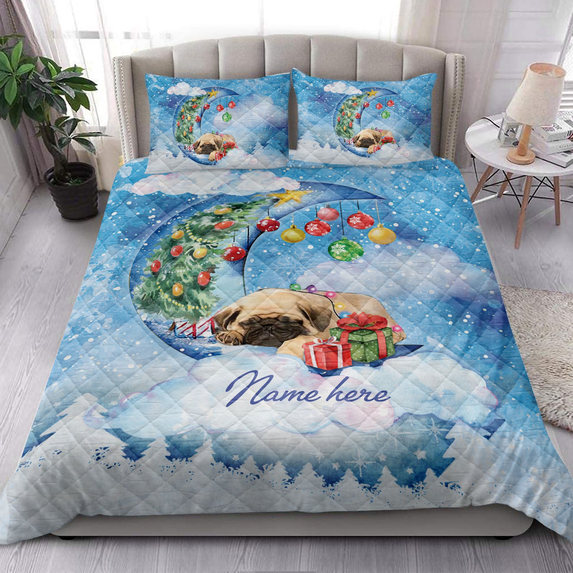 Ohaprints-Quilt-Bed-Set-Pillowcase-Pug-Sleeping-On-The-Moon-Snowflake-Christmas-Tree-Gift-Box-Dog-Lover-Blanket-Bedspread-Bedding-3943-King (90'' x 100'')