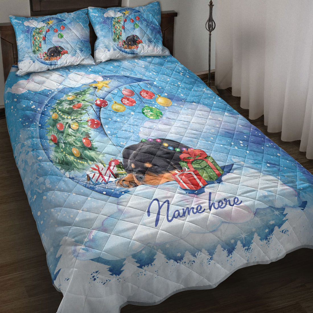 Ohaprints-Quilt-Bed-Set-Pillowcase-Rottweiler-Sleeping-On-The-Moon-Snowflake-Xmas-Tree-Gift-Dog-Lover-Blanket-Bedspread-Bedding-3944-Throw (55'' x 60'')