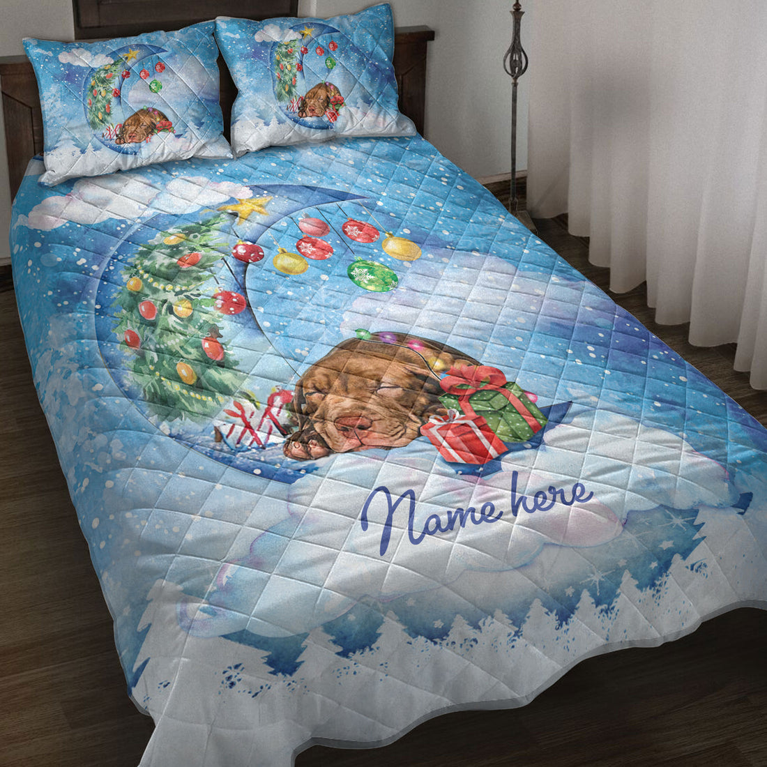 Ohaprints-Quilt-Bed-Set-Pillowcase-Pitbull-Sleeping-On-The-Moon-Snowflake-Christmas-Tree-Gift-Dog-Lover-Blanket-Bedspread-Bedding-3945-Throw (55'' x 60'')