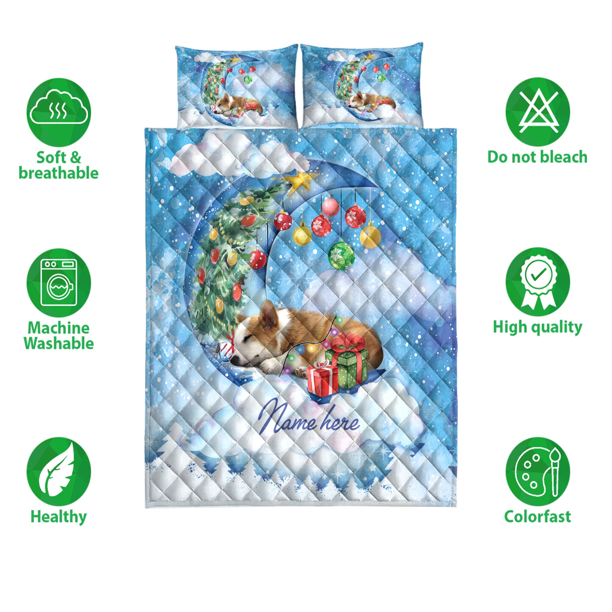 Ohaprints-Quilt-Bed-Set-Pillowcase-Corgi-Sleeping-On-The-Moon-Snowflake-Christmas-Tree-Gift-Dog-Lover-Blanket-Bedspread-Bedding-3947-Double (70'' x 80'')