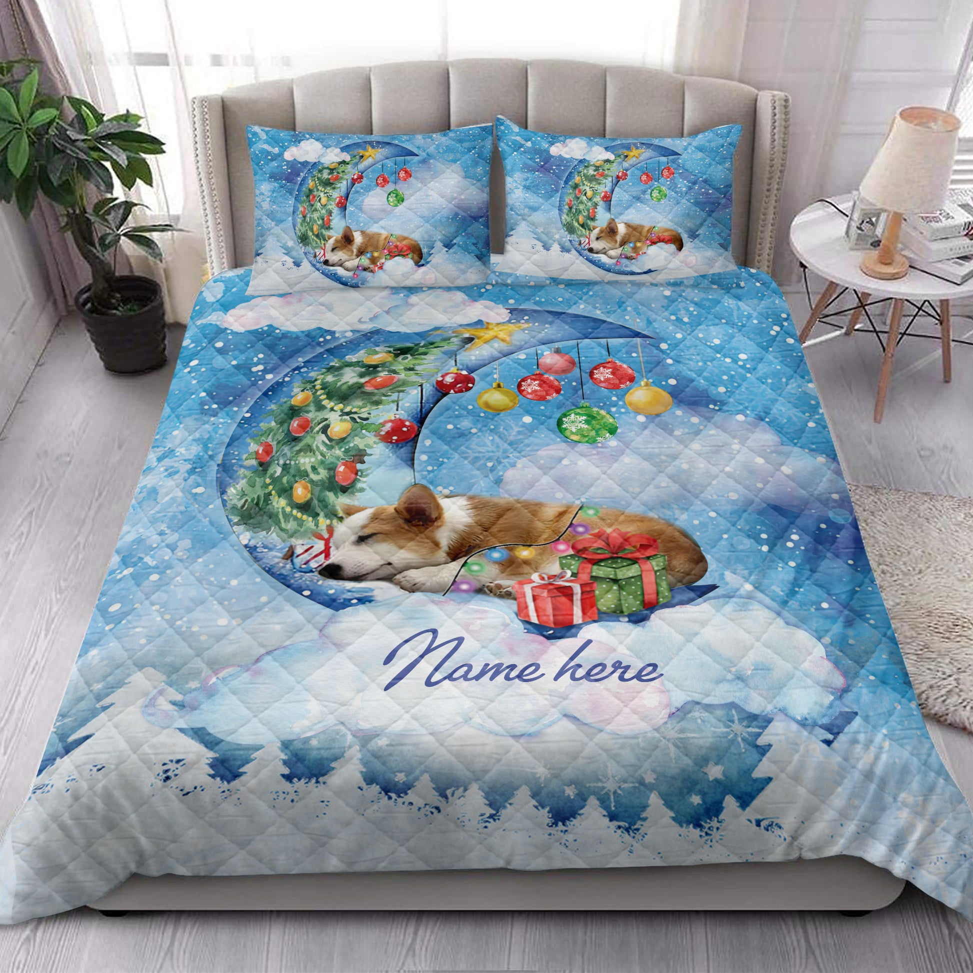 Ohaprints-Quilt-Bed-Set-Pillowcase-Corgi-Sleeping-On-The-Moon-Snowflake-Christmas-Tree-Gift-Dog-Lover-Blanket-Bedspread-Bedding-3947-King (90'' x 100'')