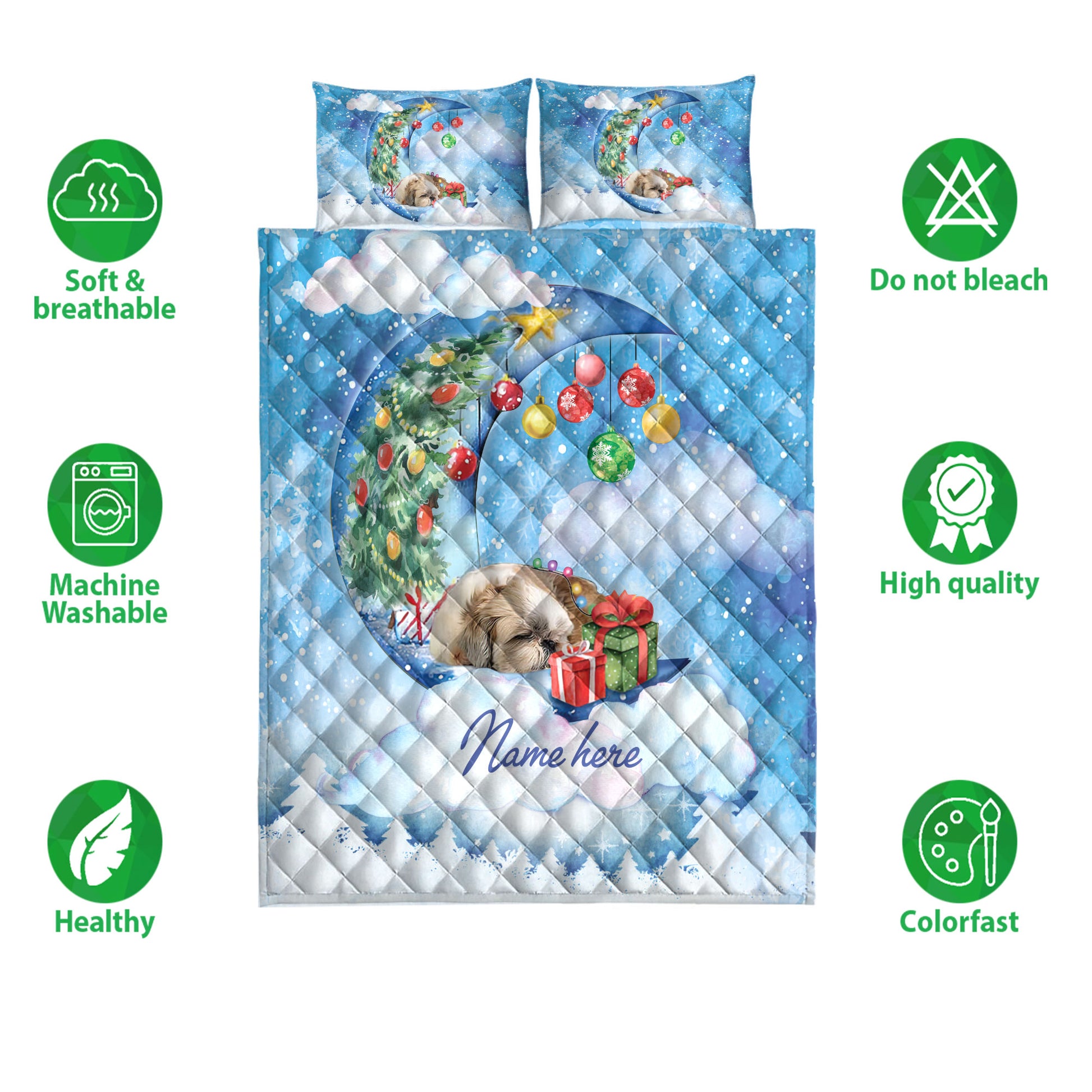 Ohaprints-Quilt-Bed-Set-Pillowcase-Shih-Tzu-Sleeping-On-The-Moon-Snowflake-Christmas-Tree-Dog-Lover-Blanket-Bedspread-Bedding-3949-Double (70'' x 80'')