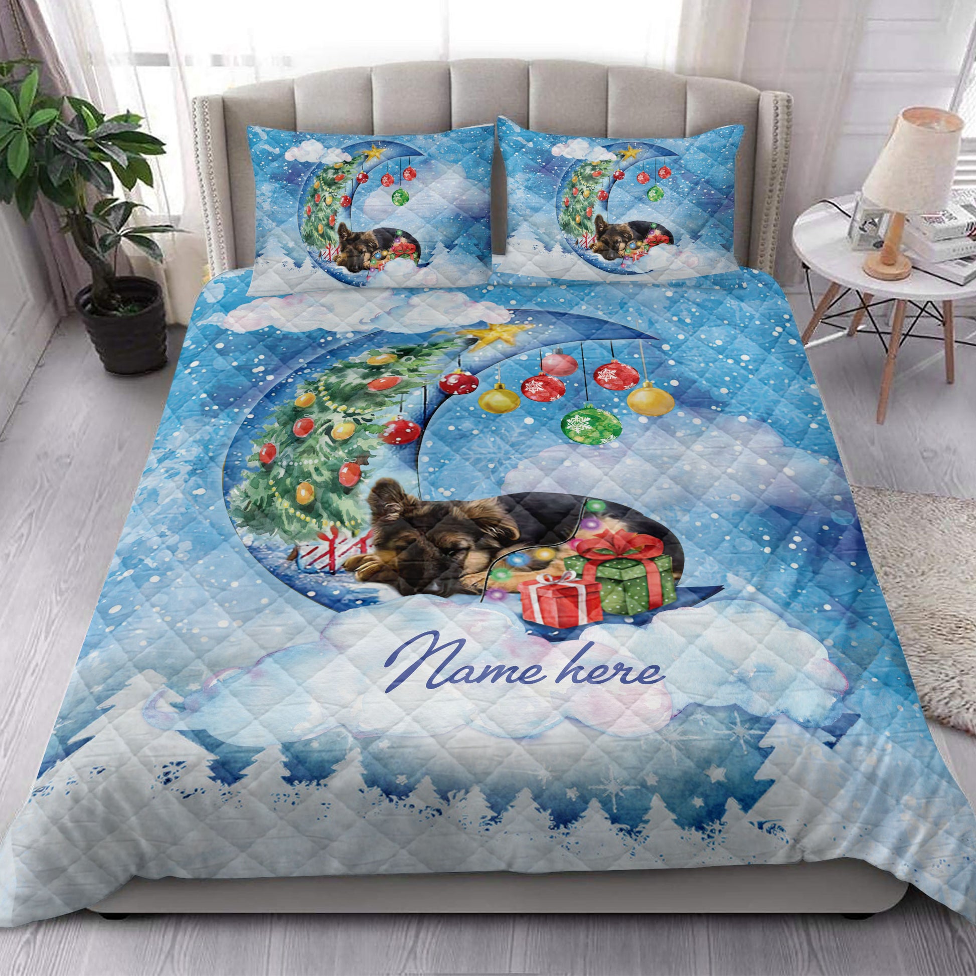 Ohaprints-Quilt-Bed-Set-Pillowcase-German-Shepherd-Sleeping-On-The-Moon-Snowflake-Xmas-Tree-Dog-Lover-Blanket-Bedspread-Bedding-3950-King (90'' x 100'')