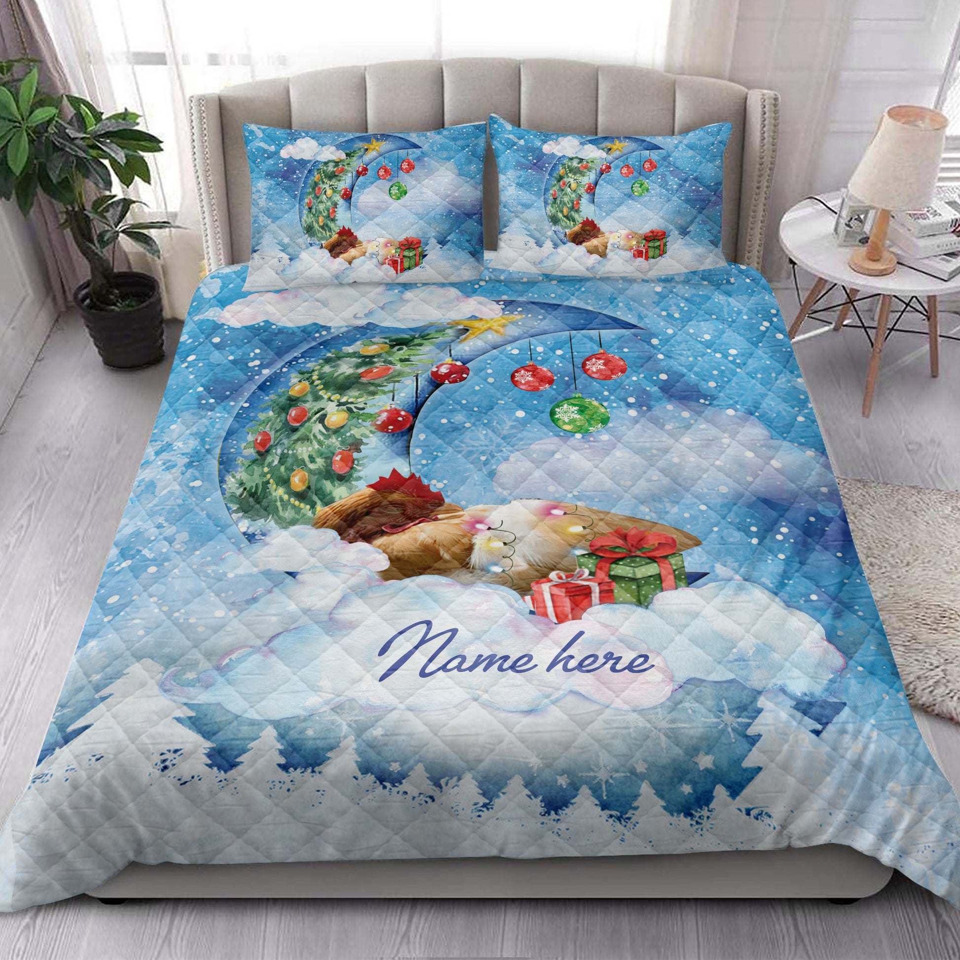 Ohaprints-Quilt-Bed-Set-Pillowcase-Chicken-Sleeping-On-The-Moon-Snowflake-Christmas-Tree-Gift-Dog-Lover-Blanket-Bedspread-Bedding-3955-King (90'' x 100'')