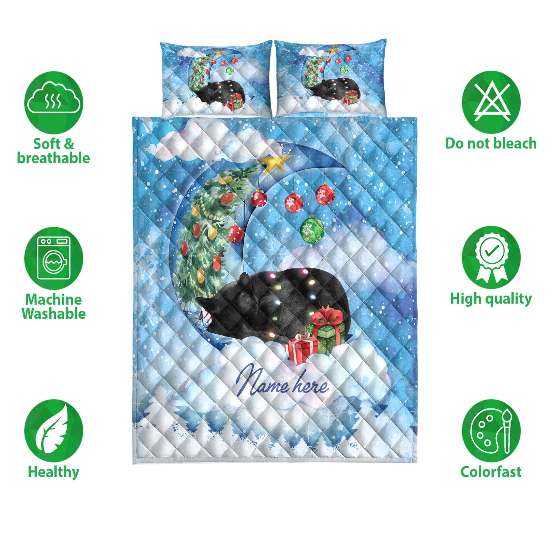 Ohaprints-Quilt-Bed-Set-Pillowcase-Black-Cat-Sleeping-On-The-Moon-Snowflake-Xmas-Tree-Gift-Dog-Lover-Blanket-Bedspread-Bedding-3956-Double (70'' x 80'')