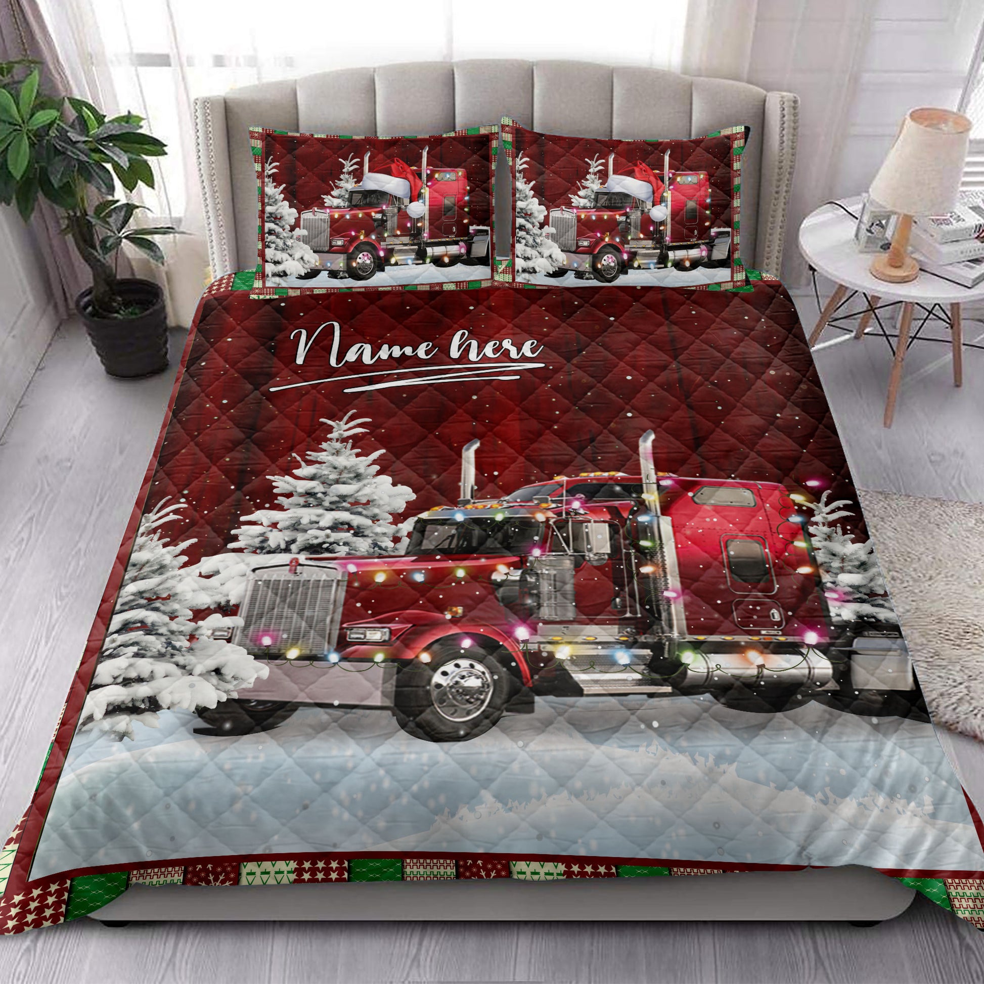 Ohaprints-Quilt-Bed-Set-Pillowcase-Red-Trucker-With-String-Lights-Christmas-Tree-Snowdrift-Blanket-Bedspread-Bedding-4032-King (90'' x 100'')