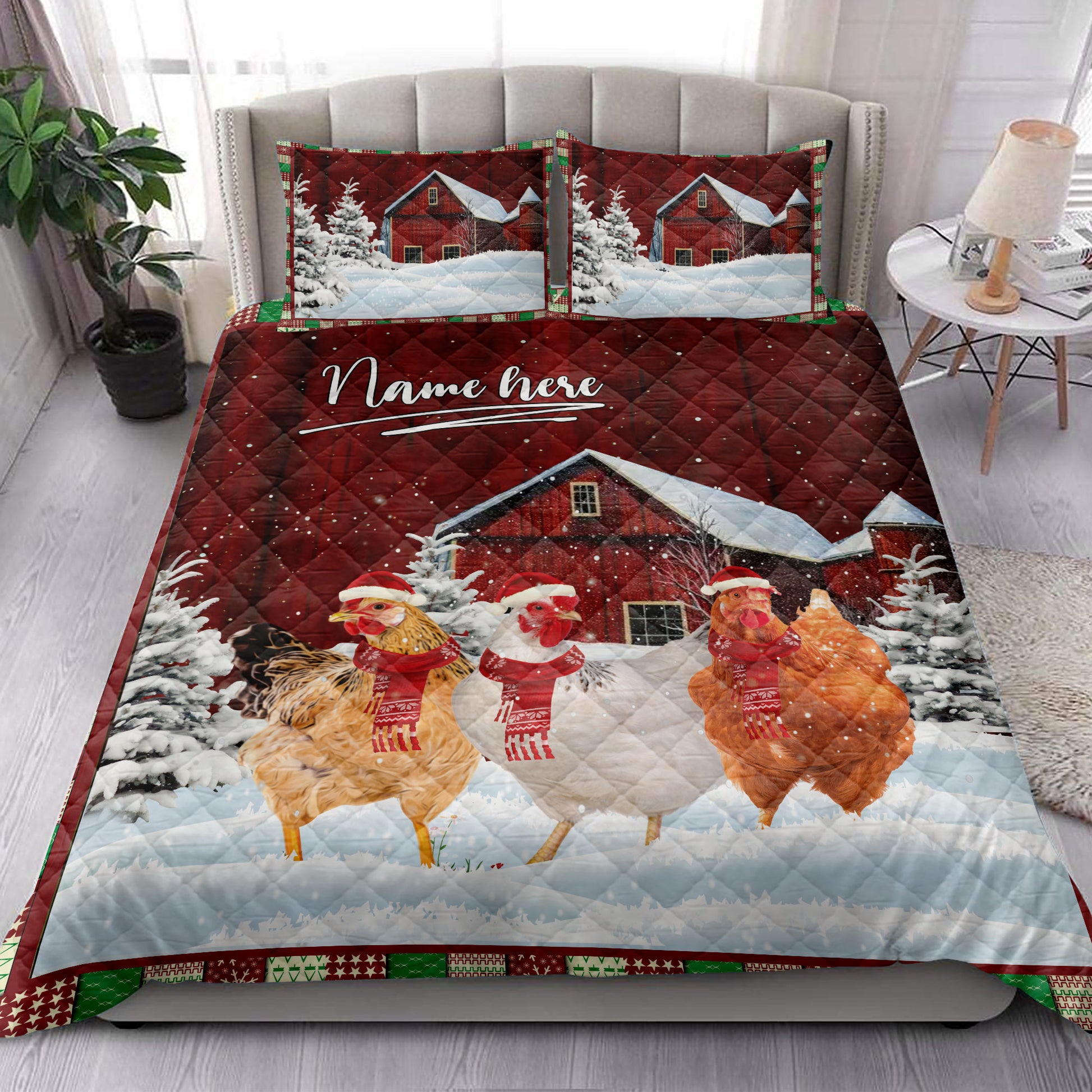 Ohaprints-Quilt-Bed-Set-Pillowcase-Chicken-Rooster-With-String-Lights-Christmas-Tree-Snowdrift-Blanket-Bedspread-Bedding-4033-King (90'' x 100'')