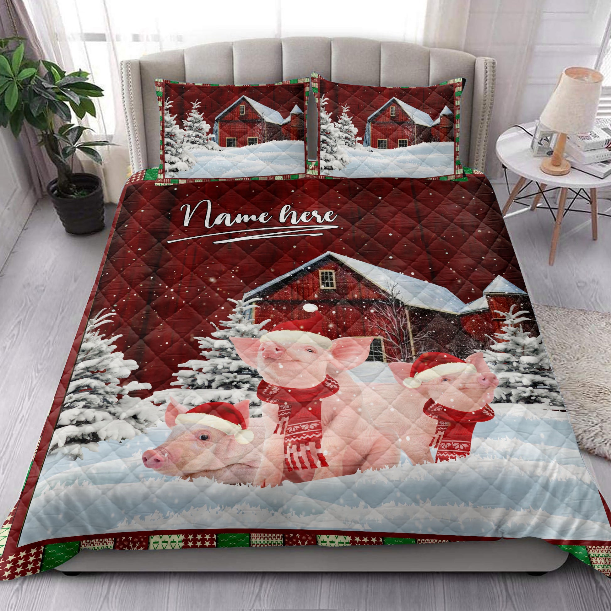 Ohaprints-Quilt-Bed-Set-Pillowcase-Pig-With-String-Lights-Christmas-Tree-Snowdrift-Blanket-Bedspread-Bedding-4034-King (90'' x 100'')