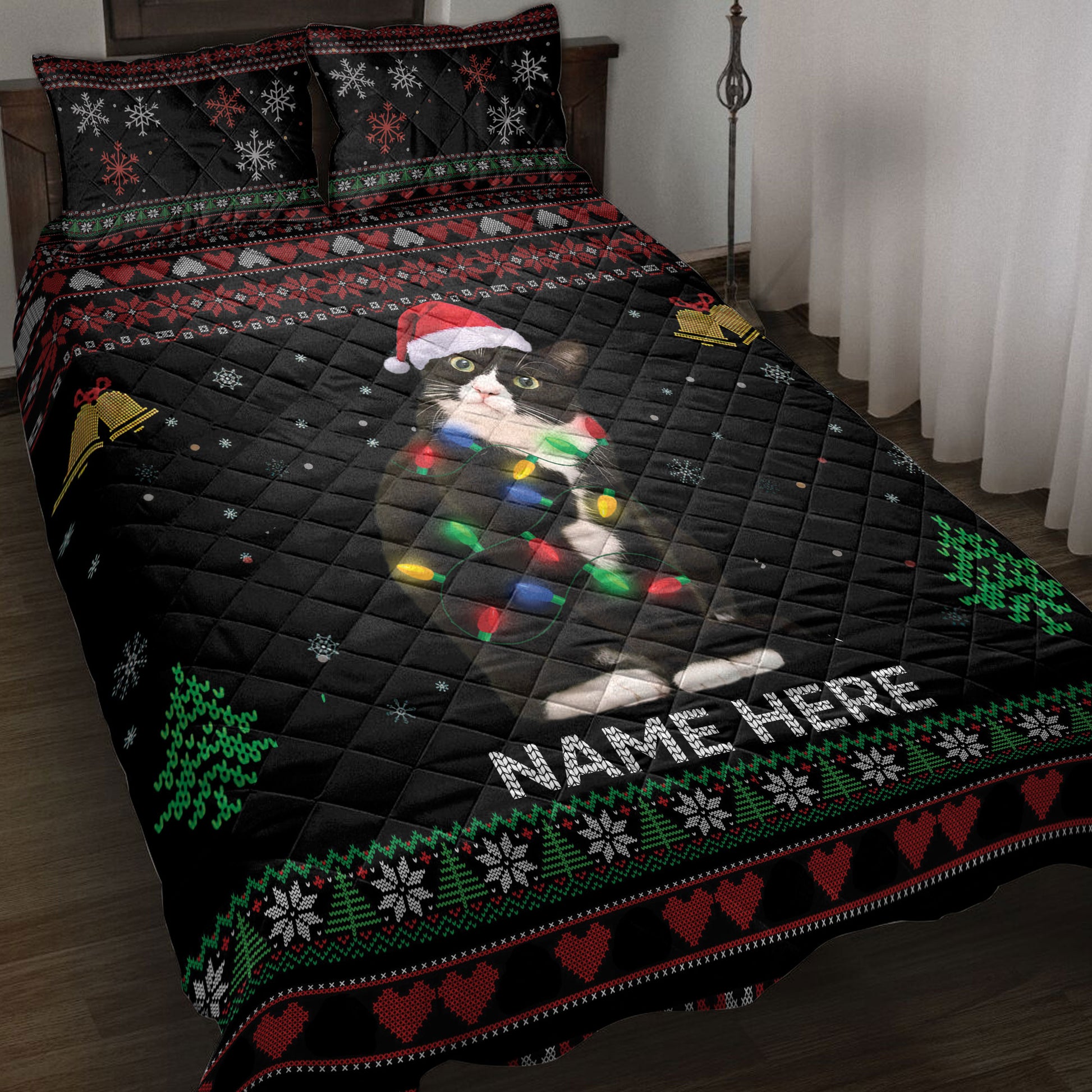 Ohaprints-Quilt-Bed-Set-Pillowcase-Tuxedo-Cat-Christmas-Hat-String-Lights-Custom-Personalized-Name-Blanket-Bedspread-Bedding-4040-Throw (55'' x 60'')