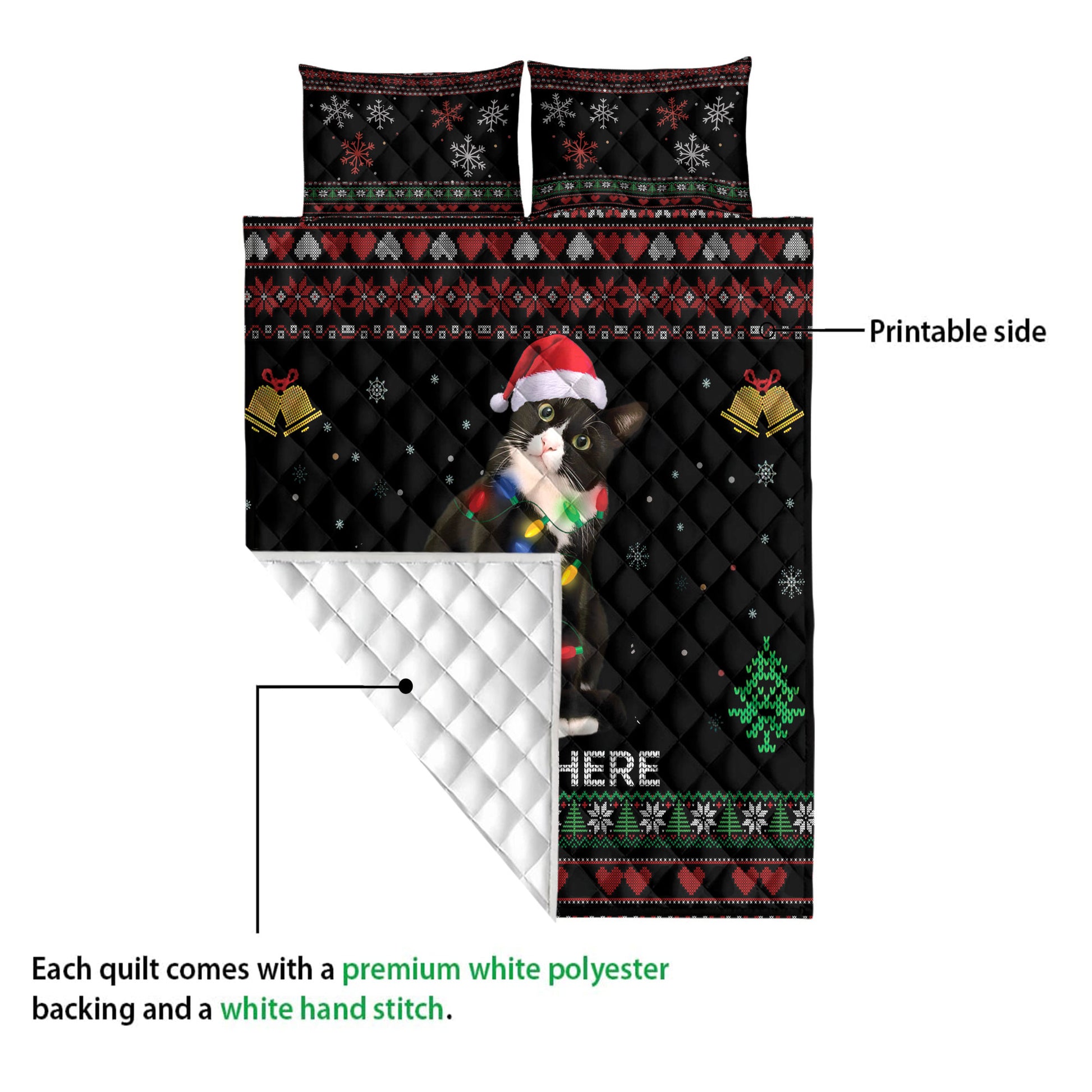 Ohaprints-Quilt-Bed-Set-Pillowcase-Tuxedo-Cat-Christmas-Hat-String-Lights-Custom-Personalized-Name-Blanket-Bedspread-Bedding-4040-Queen (80'' x 90'')