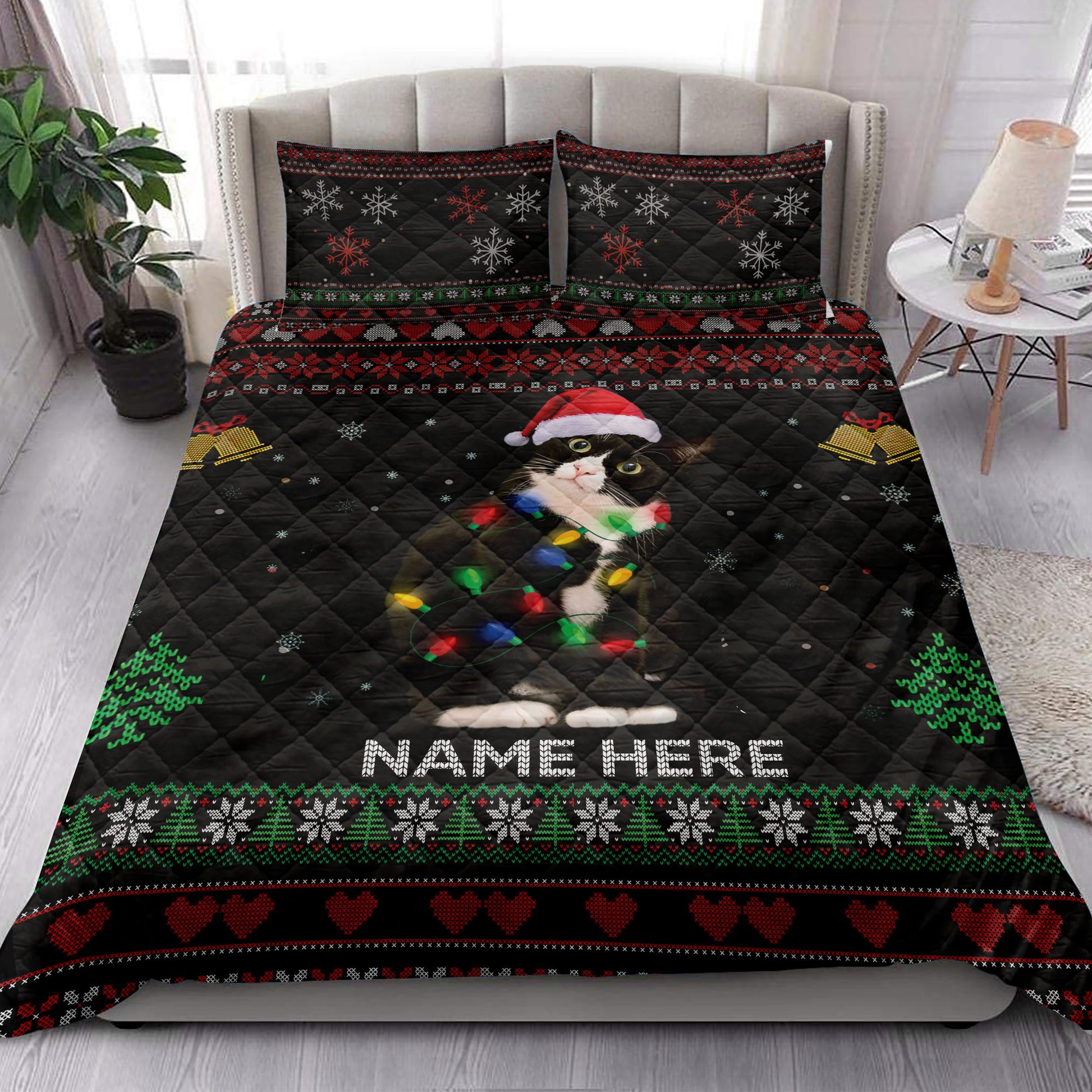 Ohaprints-Quilt-Bed-Set-Pillowcase-Tuxedo-Cat-Christmas-Hat-String-Lights-Custom-Personalized-Name-Blanket-Bedspread-Bedding-4040-King (90'' x 100'')