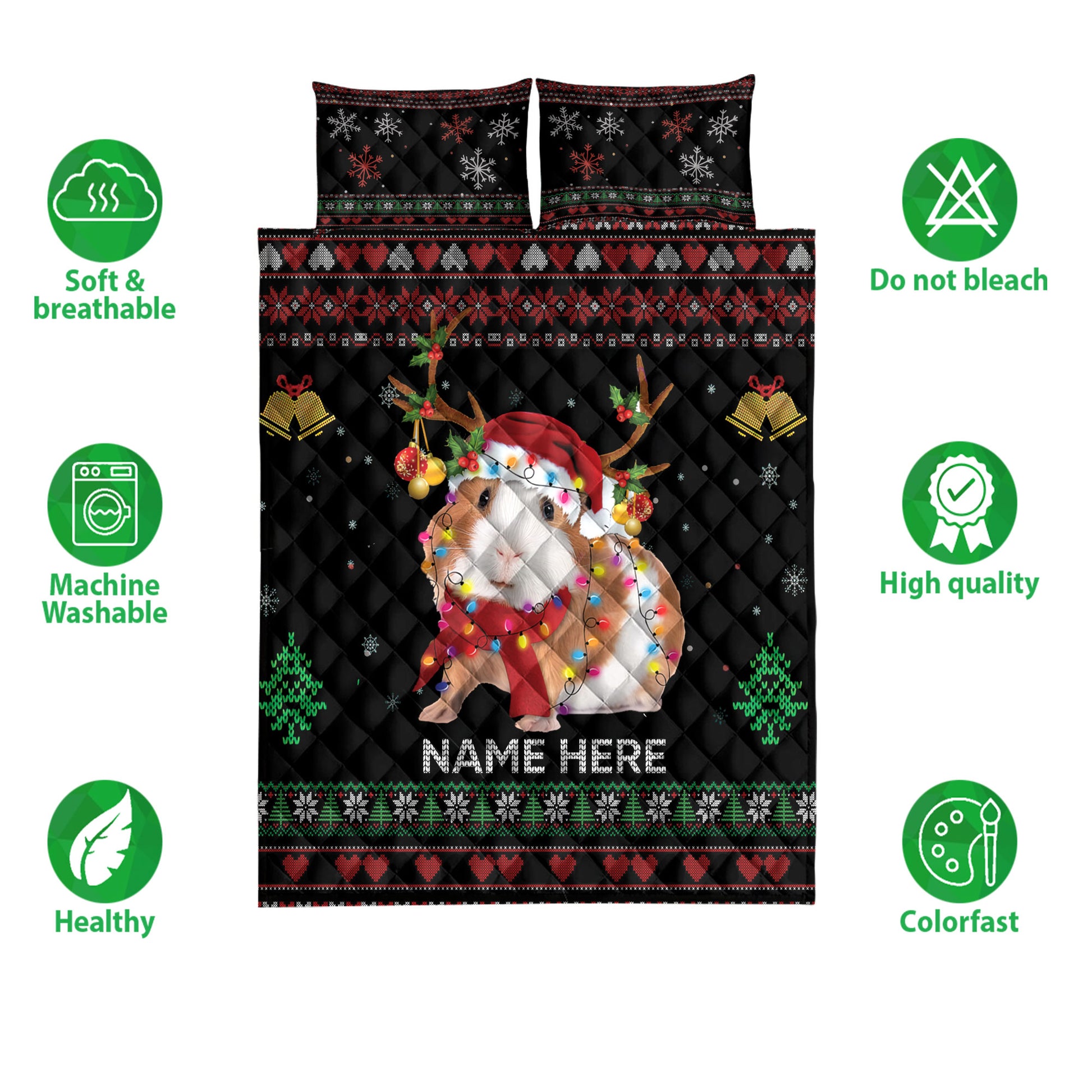 Ohaprints-Quilt-Bed-Set-Pillowcase-Guinea-Pig-Christmas-Hat-String-Lights-Custom-Personalized-Name-Blanket-Bedspread-Bedding-4041-Double (70'' x 80'')