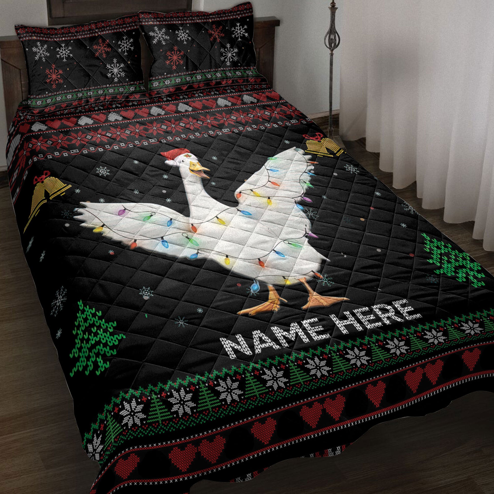 Ohaprints-Quilt-Bed-Set-Pillowcase-Duck-Christmas-Hat-String-Lights-Custom-Personalized-Name-Blanket-Bedspread-Bedding-4042-Throw (55'' x 60'')