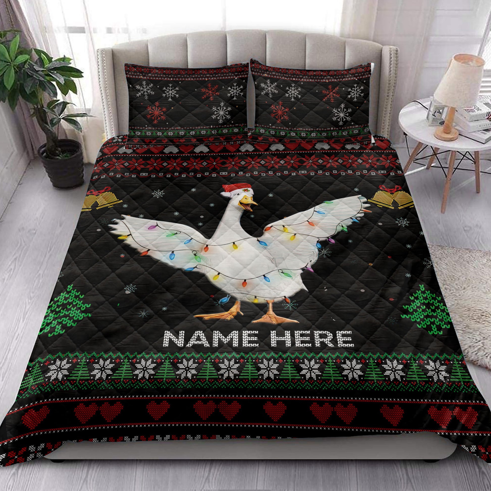 Ohaprints-Quilt-Bed-Set-Pillowcase-Duck-Christmas-Hat-String-Lights-Custom-Personalized-Name-Blanket-Bedspread-Bedding-4042-King (90'' x 100'')