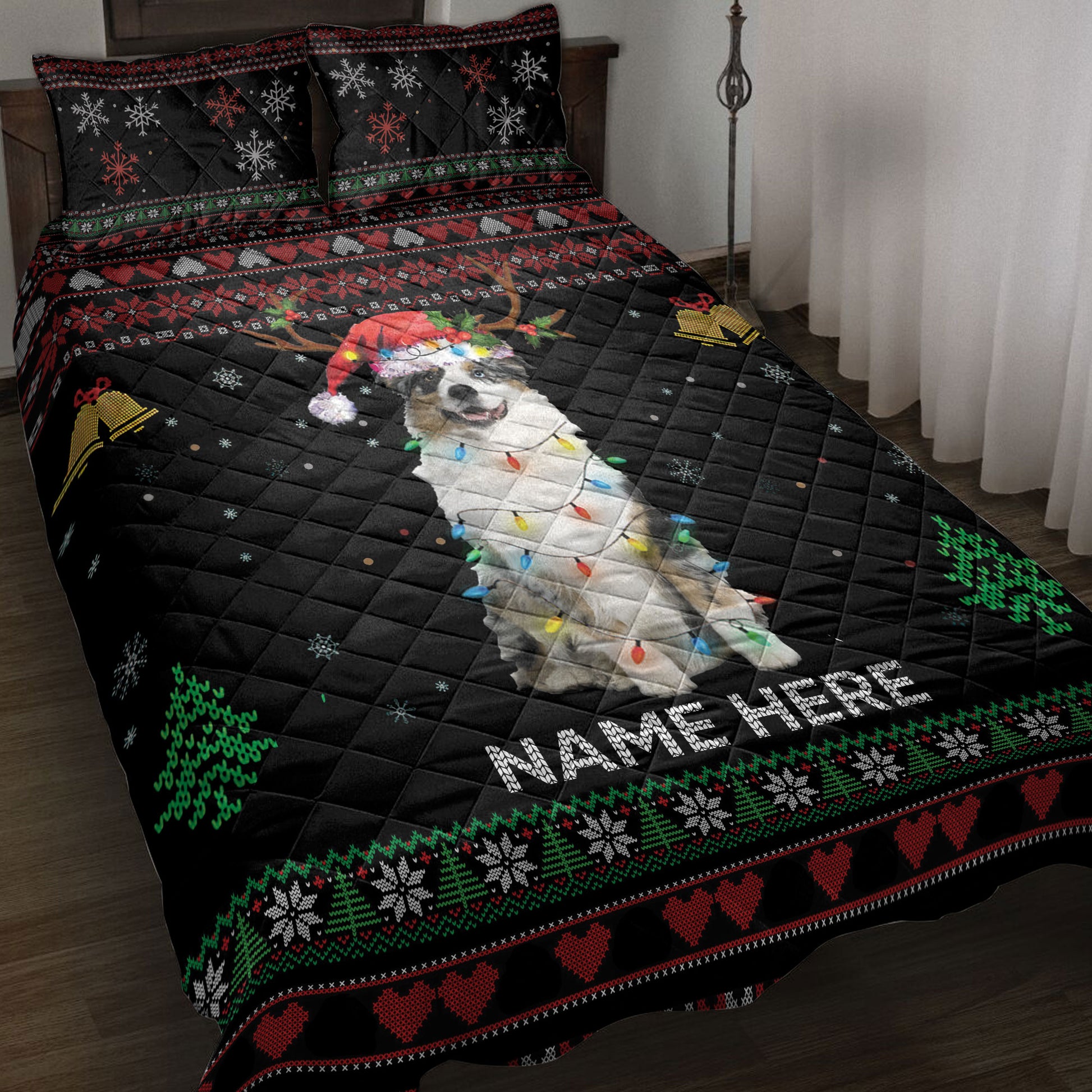 Ohaprints-Quilt-Bed-Set-Pillowcase-Australian-Shepherd-Christmas-Hat-Custom-Personalized-Name-Blanket-Bedspread-Bedding-4045-Throw (55'' x 60'')