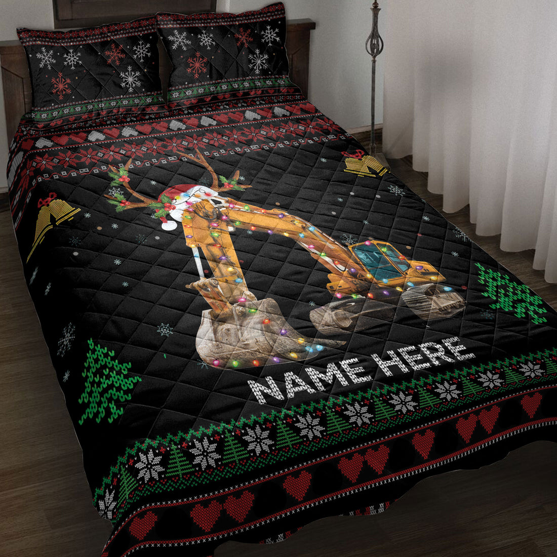 Ohaprints-Quilt-Bed-Set-Pillowcase-Excavator-Christmas-Hat-With-String-Light-Custom-Personalized-Name-Blanket-Bedspread-Bedding-4046-Throw (55'' x 60'')