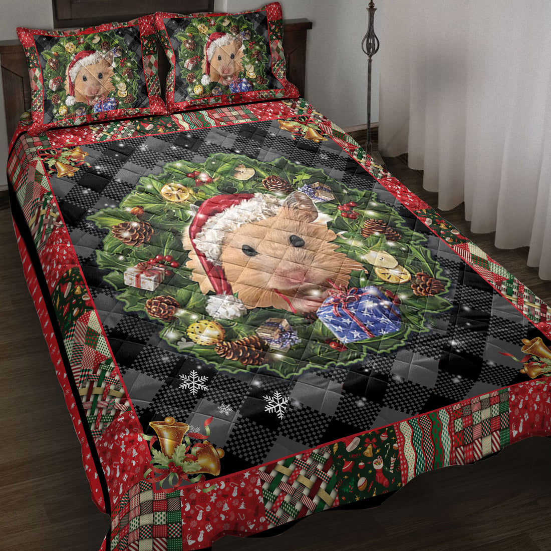 Ohaprints-Quilt-Bed-Set-Pillowcase-Hamster-Wearing-Christmas-Hat-Wreath-Gift-For-Hamster-Lover-Blanket-Bedspread-Bedding-4048-Throw (55'' x 60'')