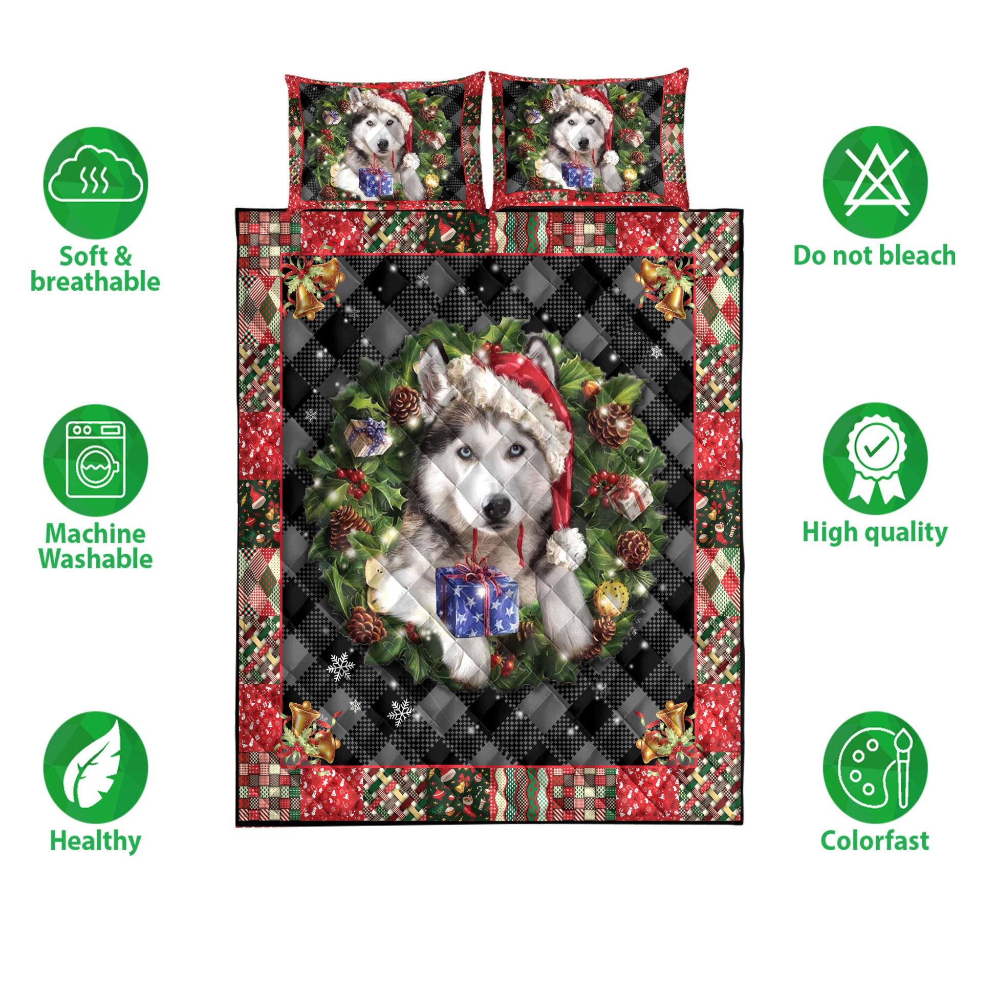 Ohaprints-Quilt-Bed-Set-Pillowcase-Siberian-Husky-Wearing-Christmas-Hat-Wreath-Gift-For-Dog-Lover-Blanket-Bedspread-Bedding-4049-Double (70'' x 80'')