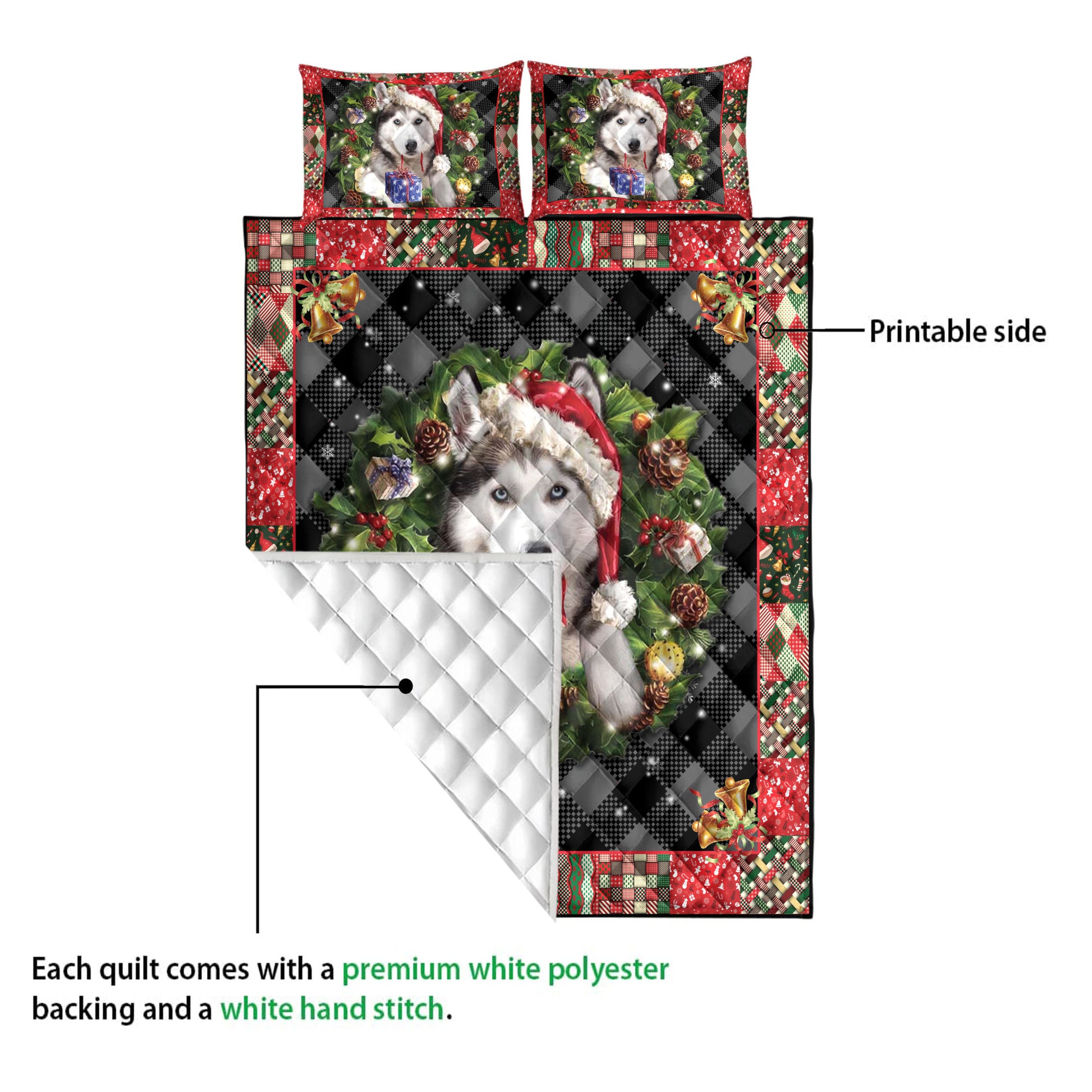 Ohaprints-Quilt-Bed-Set-Pillowcase-Siberian-Husky-Wearing-Christmas-Hat-Wreath-Gift-For-Dog-Lover-Blanket-Bedspread-Bedding-4049-Queen (80'' x 90'')