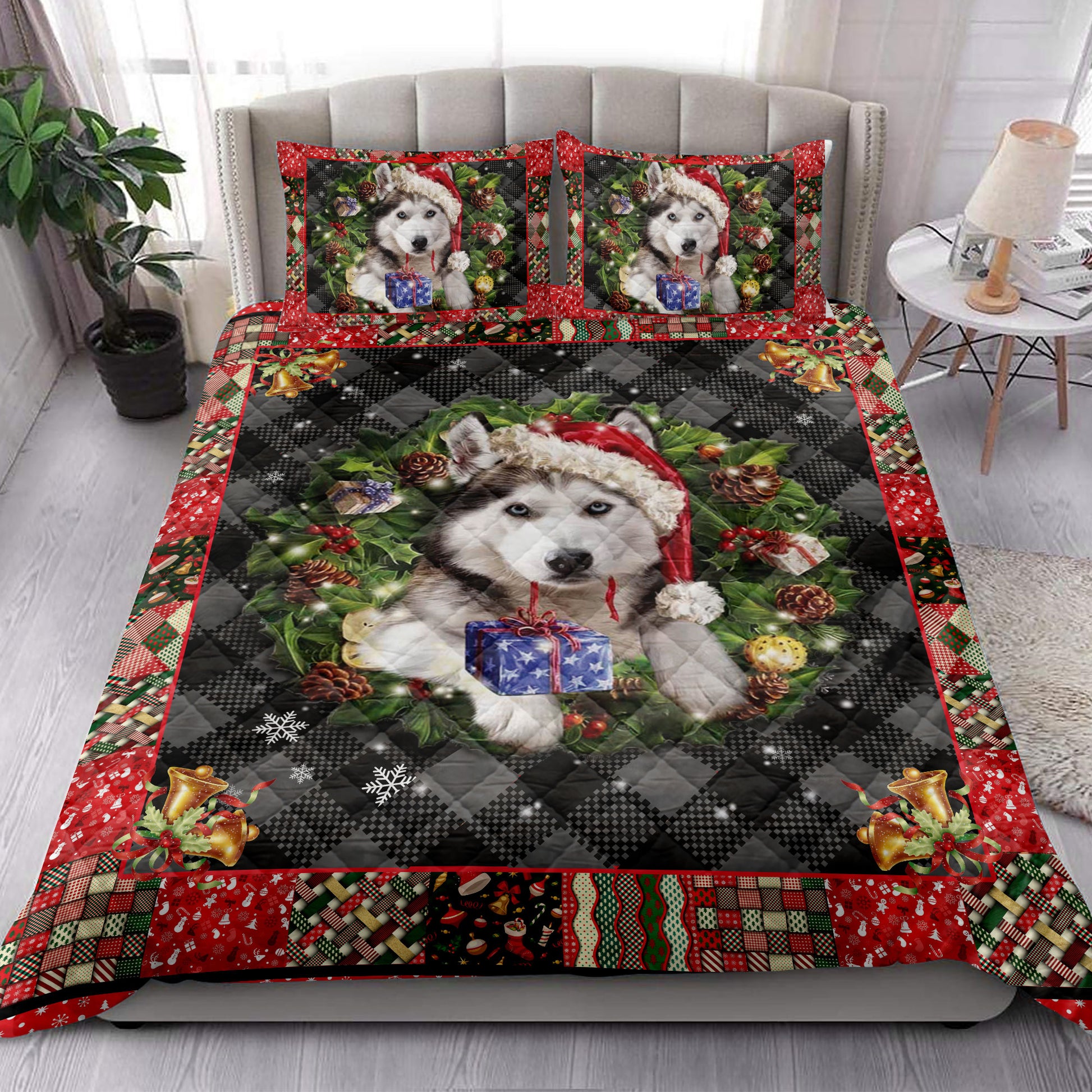 Ohaprints-Quilt-Bed-Set-Pillowcase-Siberian-Husky-Wearing-Christmas-Hat-Wreath-Gift-For-Dog-Lover-Blanket-Bedspread-Bedding-4049-King (90'' x 100'')