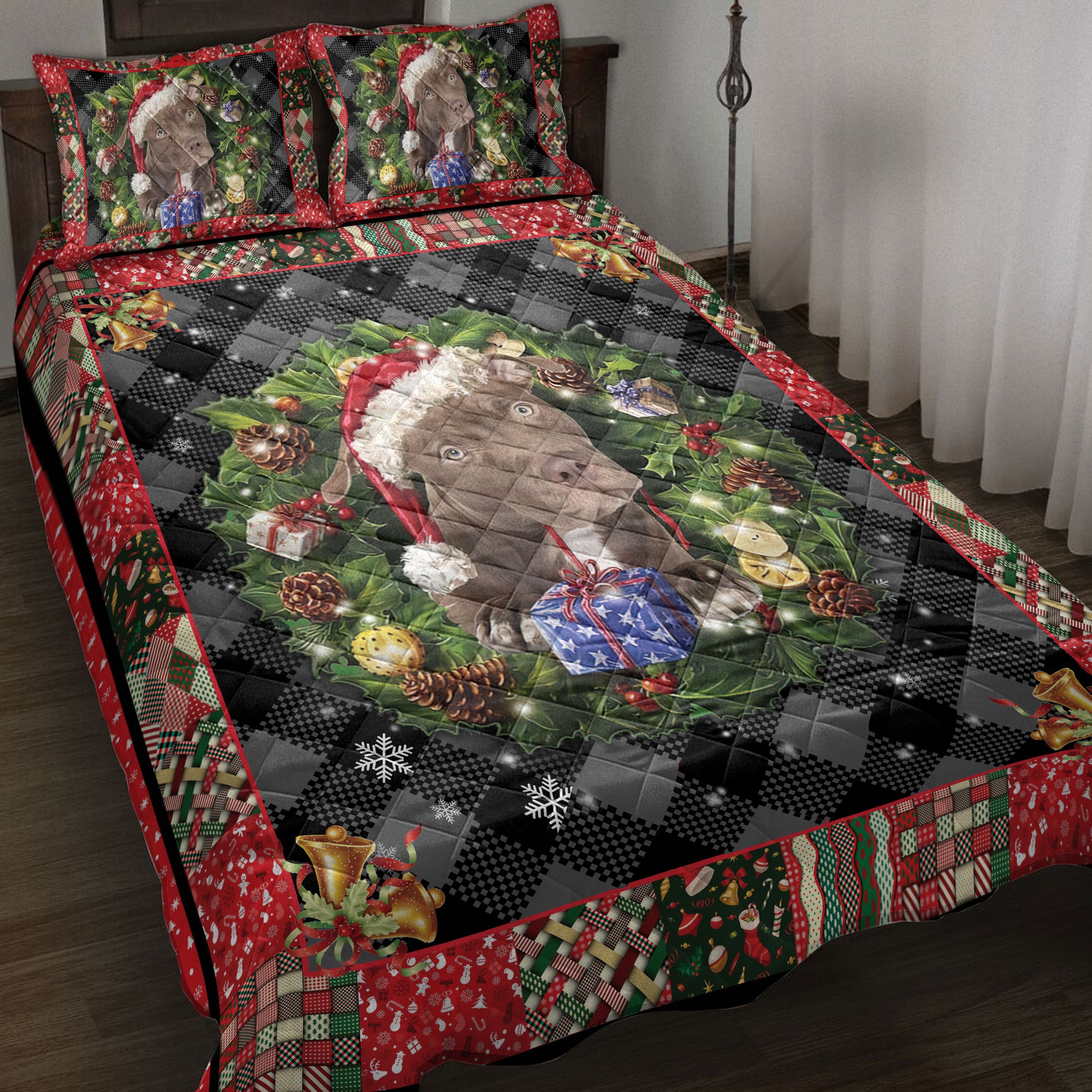 Ohaprints-Quilt-Bed-Set-Pillowcase-Pitbull-Wearing-Christmas-Hat-Wreath-Gift-For-Dog-Lover-Blanket-Bedspread-Bedding-4050-Throw (55'' x 60'')