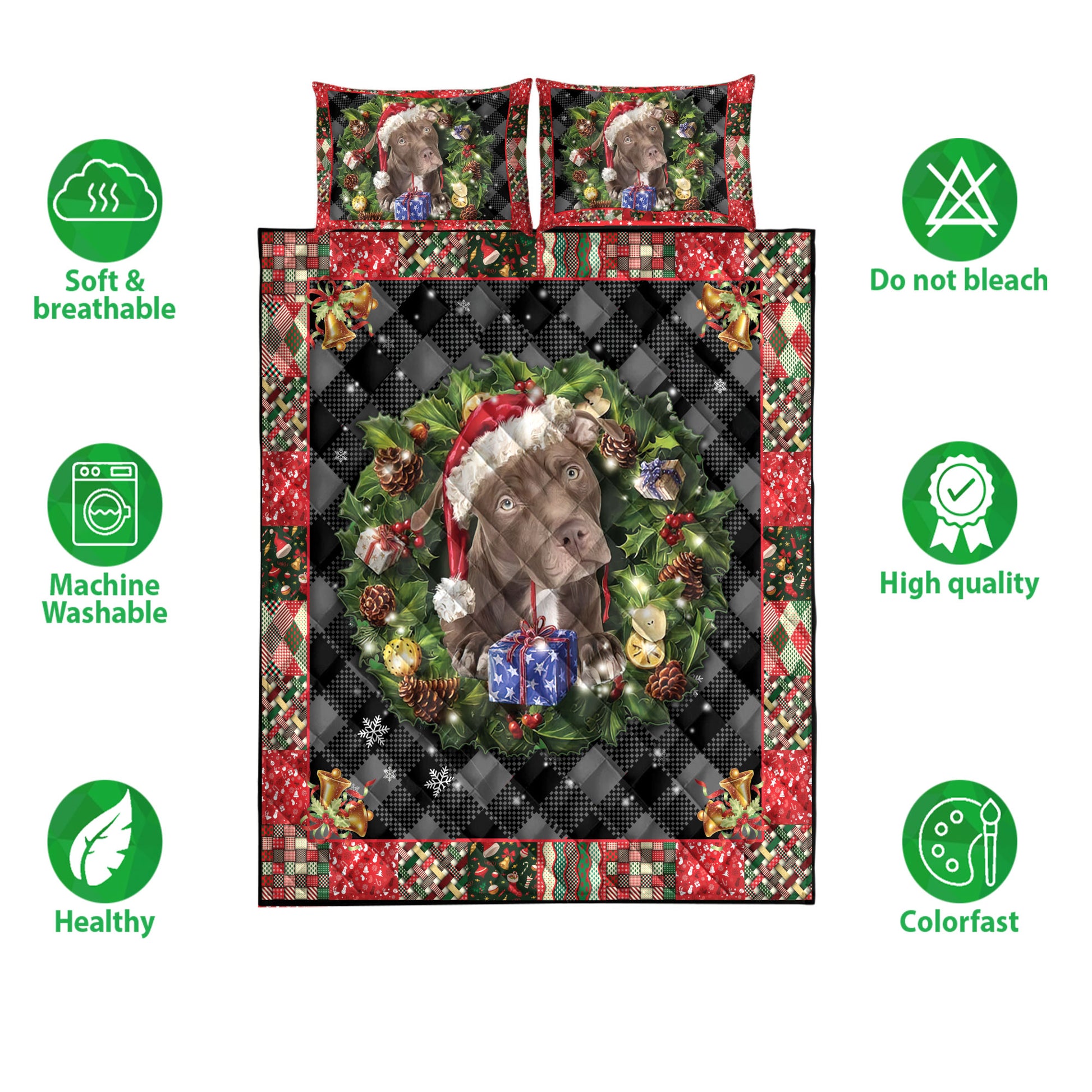 Ohaprints-Quilt-Bed-Set-Pillowcase-Pitbull-Wearing-Christmas-Hat-Wreath-Gift-For-Dog-Lover-Blanket-Bedspread-Bedding-4050-Double (70'' x 80'')