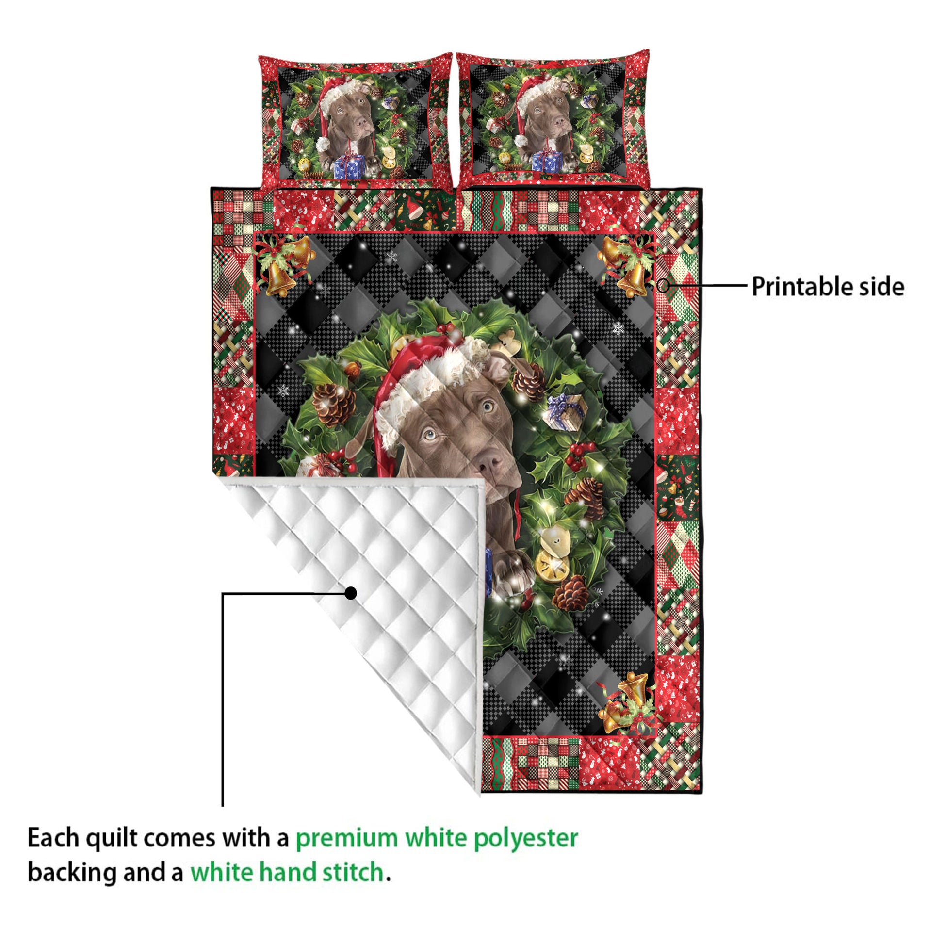 Ohaprints-Quilt-Bed-Set-Pillowcase-Pitbull-Wearing-Christmas-Hat-Wreath-Gift-For-Dog-Lover-Blanket-Bedspread-Bedding-4050-Queen (80'' x 90'')