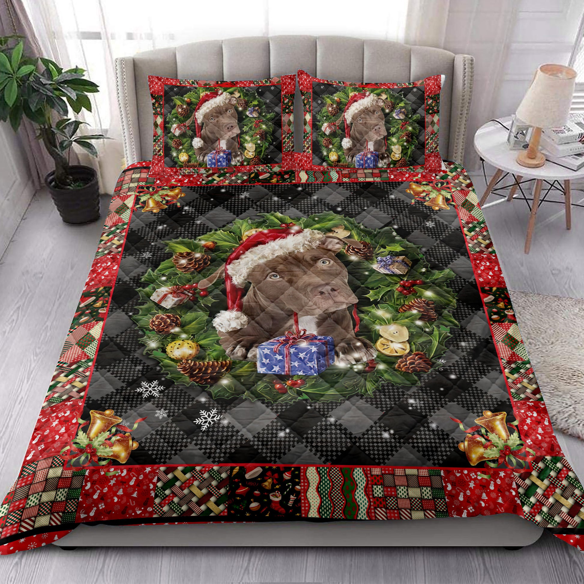 Ohaprints-Quilt-Bed-Set-Pillowcase-Pitbull-Wearing-Christmas-Hat-Wreath-Gift-For-Dog-Lover-Blanket-Bedspread-Bedding-4050-King (90'' x 100'')