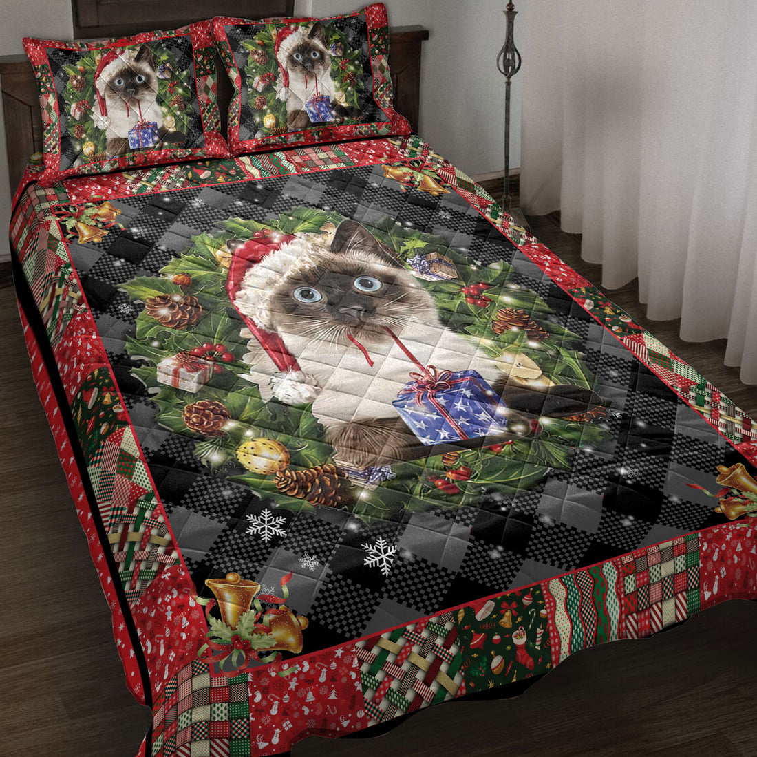 Ohaprints-Quilt-Bed-Set-Pillowcase-Siamese-Cat-Wearing-Christmas-Hat-Wreath-Gift-For-Cat-Lover-Blanket-Bedspread-Bedding-4051-Throw (55'' x 60'')