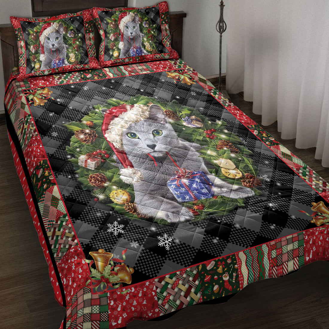 Ohaprints-Quilt-Bed-Set-Pillowcase-Russian-Blue-Wearing-Christmas-Hat-Wreath-Gift-For-Cat-Lover-Blanket-Bedspread-Bedding-4053-Throw (55'' x 60'')