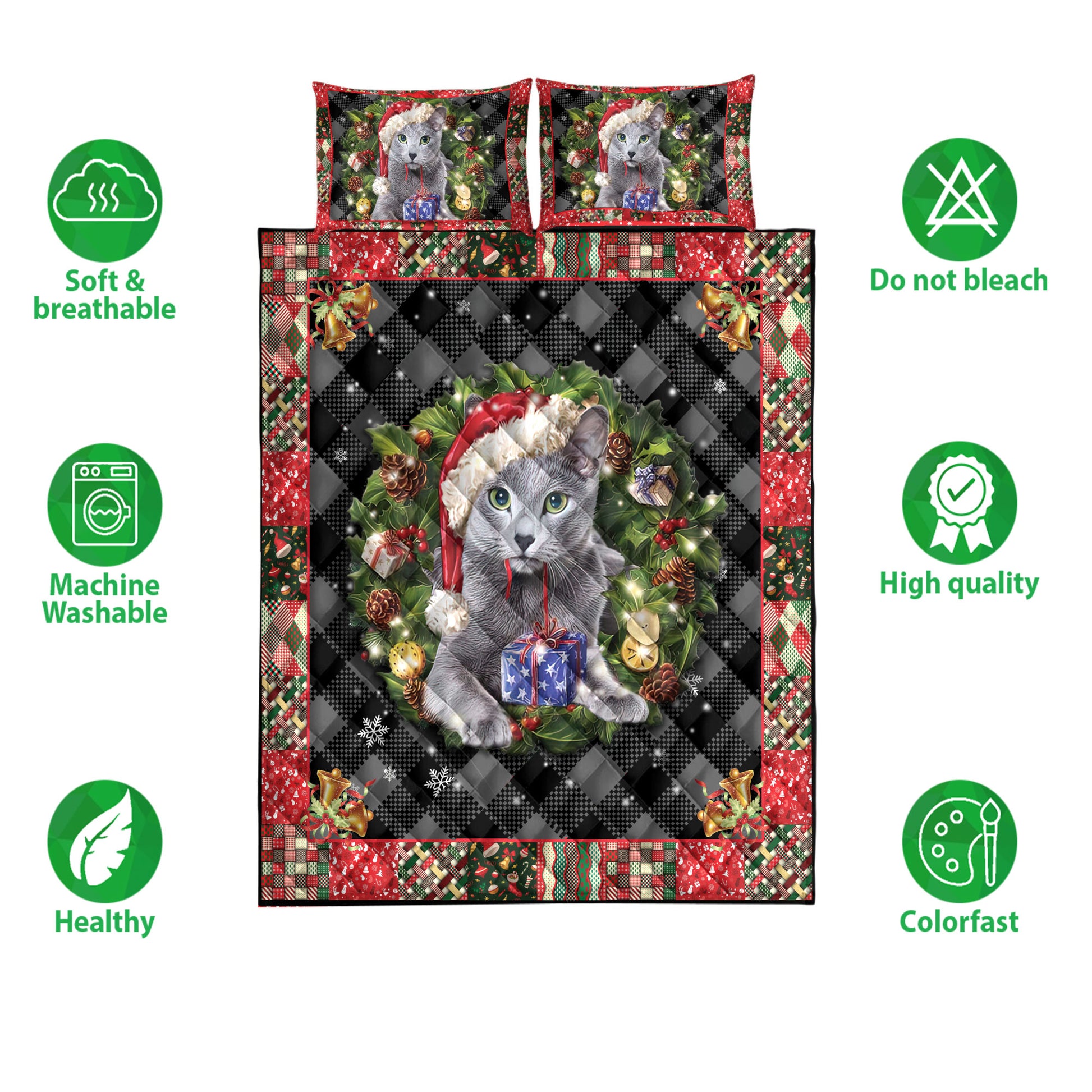 Ohaprints-Quilt-Bed-Set-Pillowcase-Russian-Blue-Wearing-Christmas-Hat-Wreath-Gift-For-Cat-Lover-Blanket-Bedspread-Bedding-4053-Double (70'' x 80'')