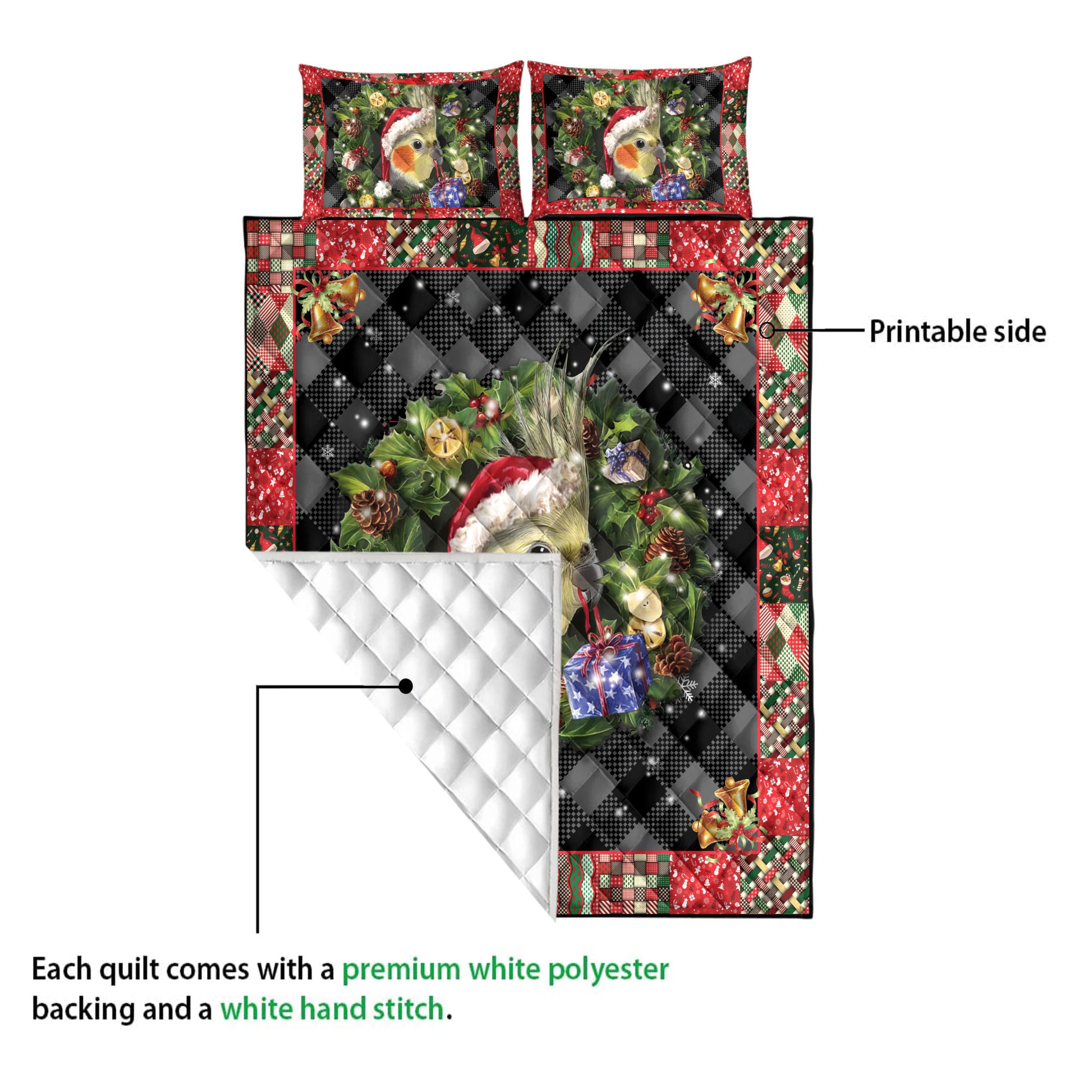 Ohaprints-Quilt-Bed-Set-Pillowcase-Cockatiel--Wearing-Christmas-Hat-Wreath-Gift-For-Parrot-Lover-Blanket-Bedspread-Bedding-4054-Queen (80'' x 90'')