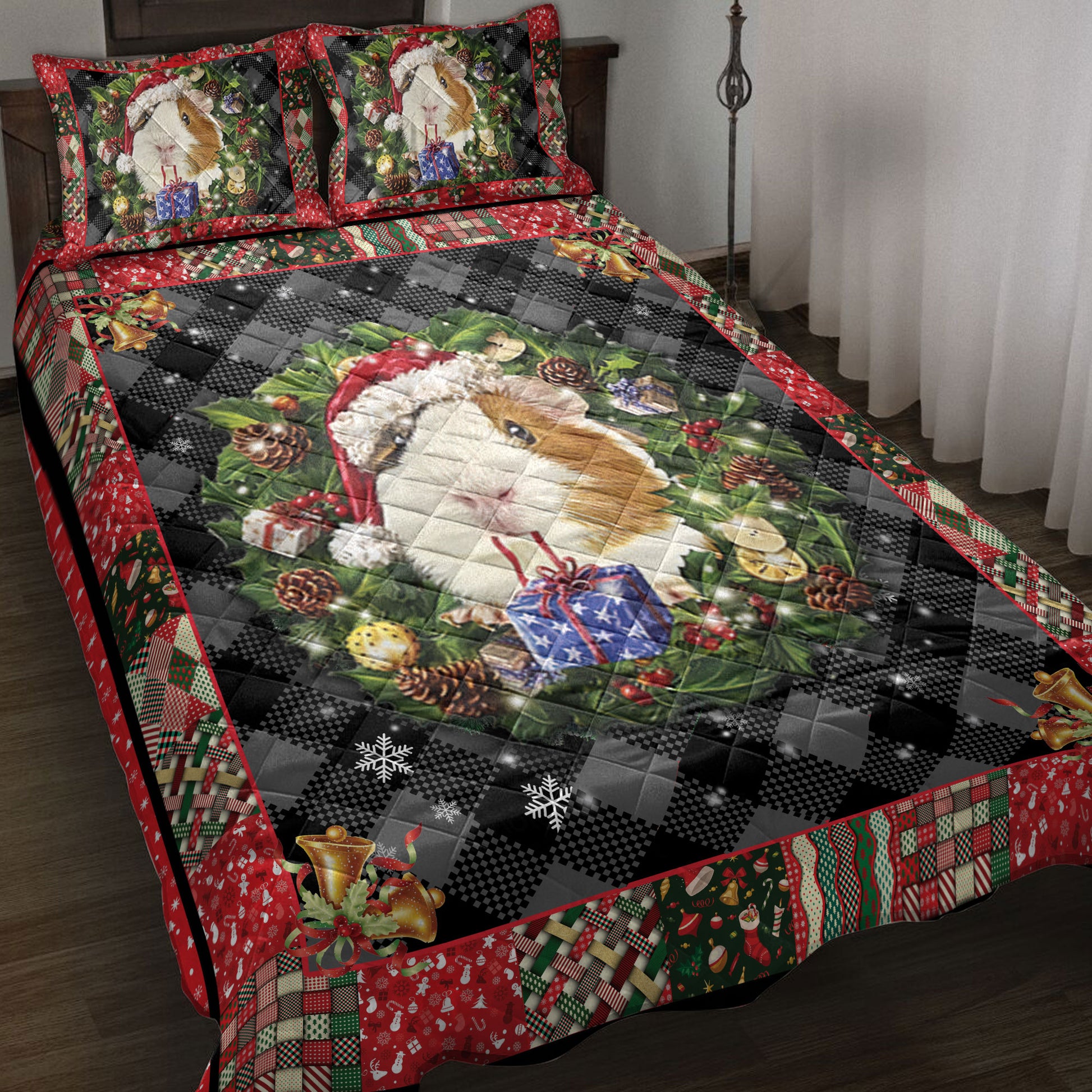 Ohaprints-Quilt-Bed-Set-Pillowcase-Guinea-Pig-Wearing-Christmas-Hat-String-Lights-Unique-Gift-Blanket-Bedspread-Bedding-4055-Throw (55'' x 60'')