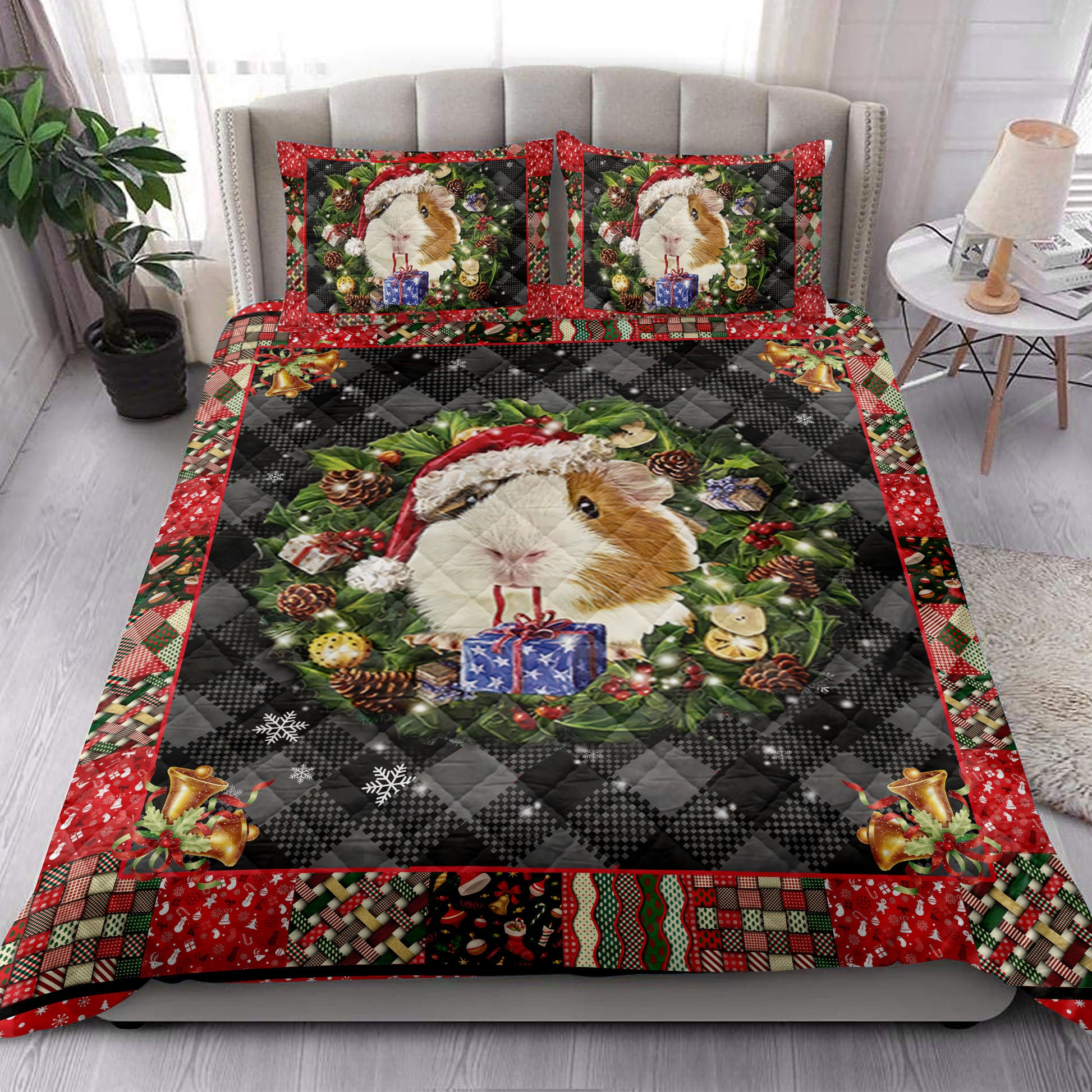 Ohaprints-Quilt-Bed-Set-Pillowcase-Guinea-Pig-Wearing-Christmas-Hat-String-Lights-Unique-Gift-Blanket-Bedspread-Bedding-4055-King (90'' x 100'')