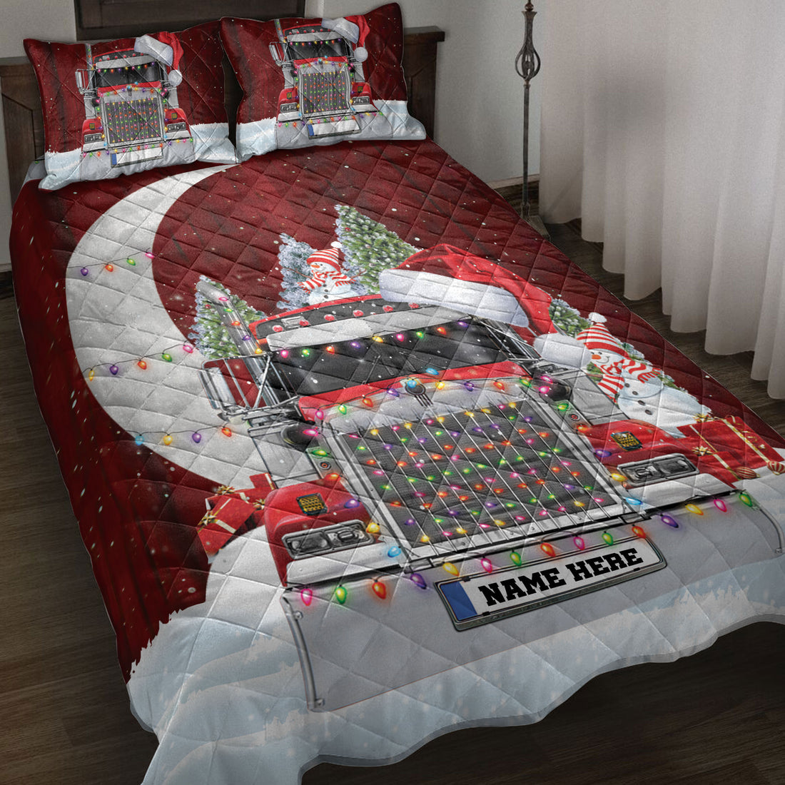 Ohaprints-Quilt-Bed-Set-Pillowcase-Red-Trucker-Christmas-Hat-With-String-Light-Custom-Personalized-Name-Blanket-Bedspread-Bedding-4056-Throw (55'' x 60'')